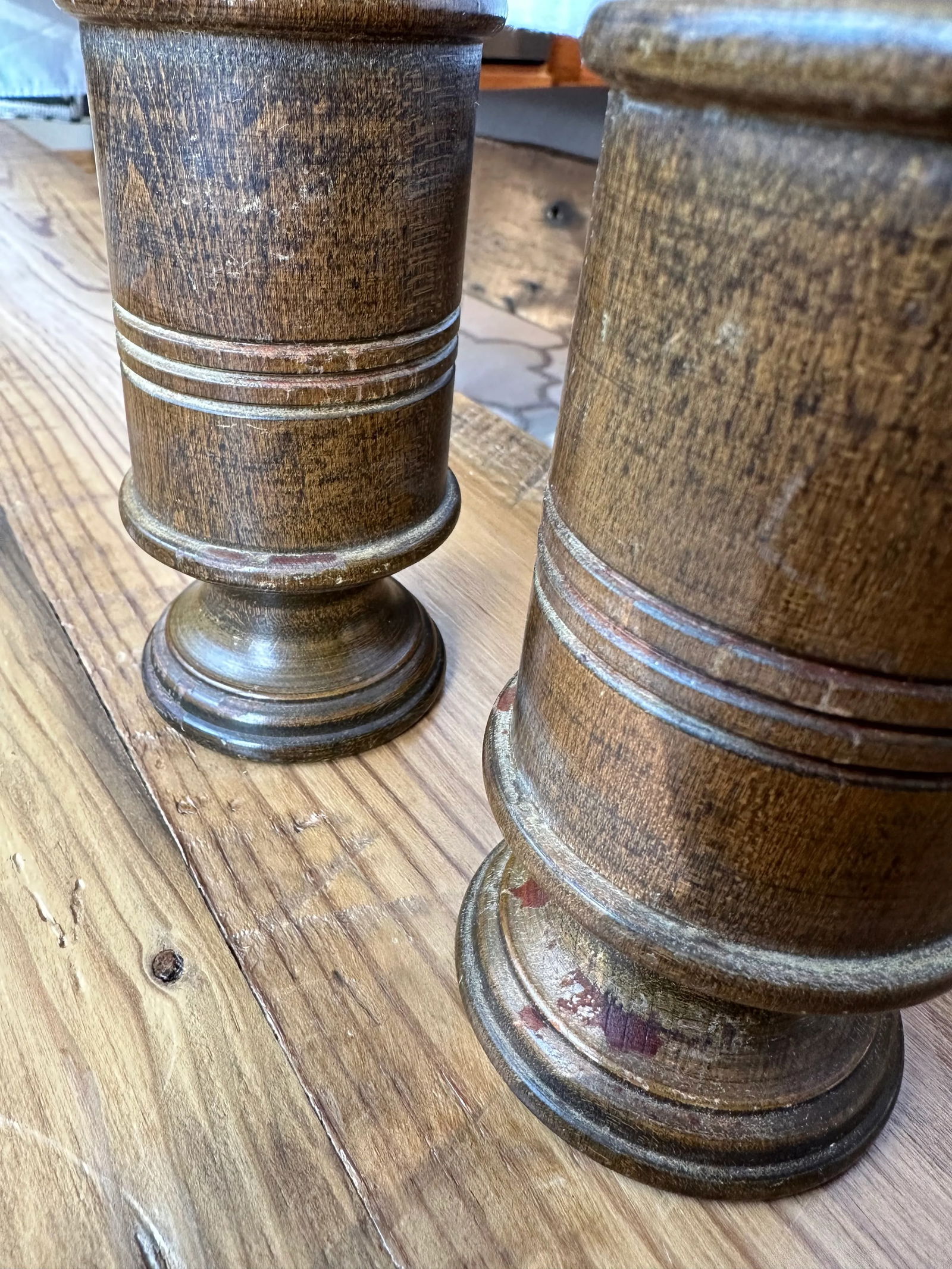 Vintage Wood Turned Salt and Pepper Mill Set- 2 Pieces - 6