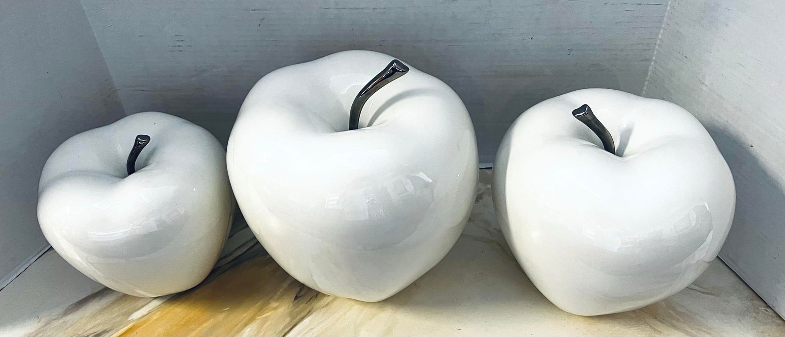 Set of 3 White Glazed Ceramic Porcelain Apples - 2