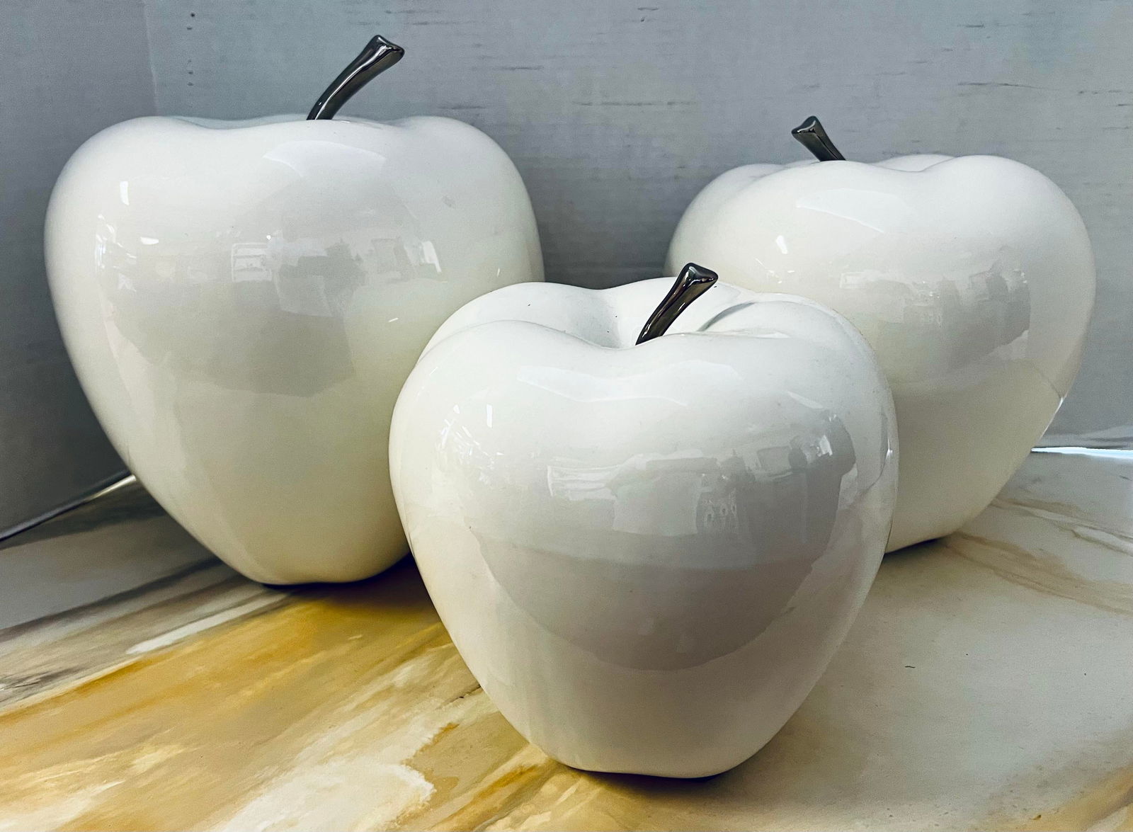 Set of 3 White Glazed Ceramic Porcelain Apples - 4