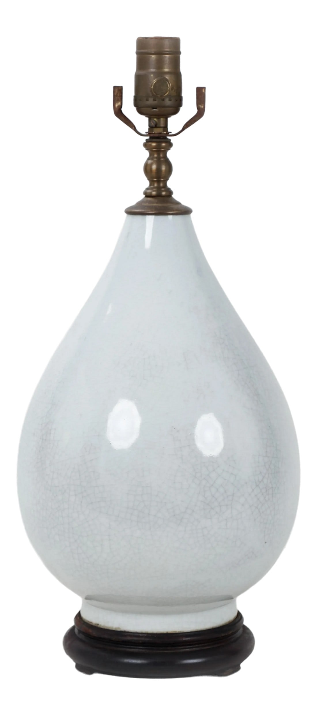 1980s Traditional Teardrop Blanc De Chine Porcelain White Crackle Vase: Tear drop shaped white porcelain vase lamp. This vase lamp appears luminescent due to the bright white color and features a crackle finish. Dehua porcelain, more traditionally known in the West as Bla