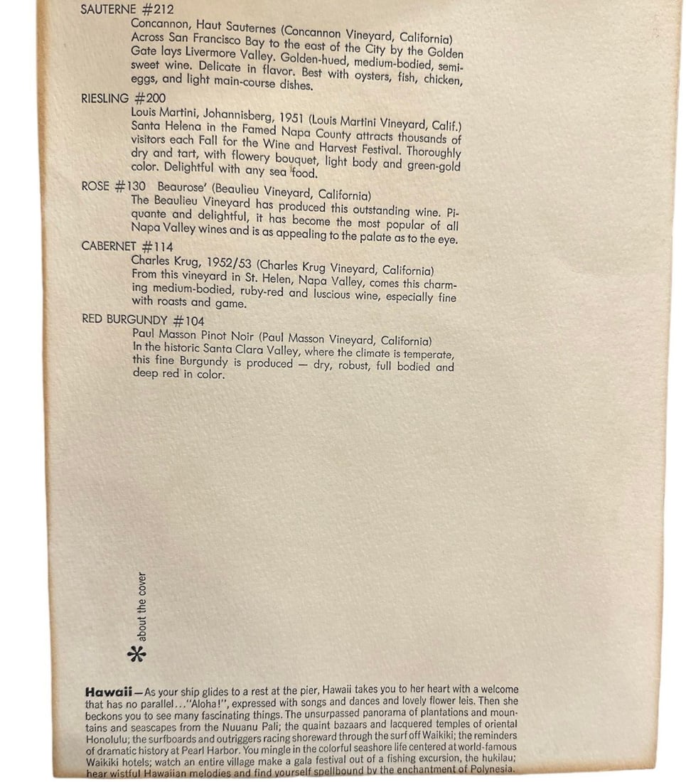 Framed S.S. Lurline Matson Lines Wine Menu Hawaii Watercolor Louis Macouillard 1966 - 6