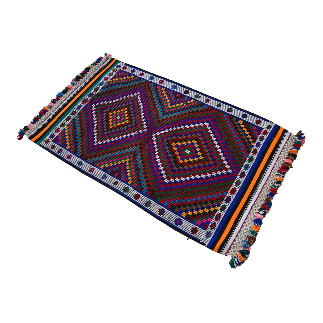 Turkish Rug Hand Woven Tribal Kilim Rug - 2'6" X 4'2": Material of this rug is acrylic on cotton. The condition is very good. It has been newly washed and is ready to use. The age of the rug is 50+ years old Origin is Mut Condition: Alterations: