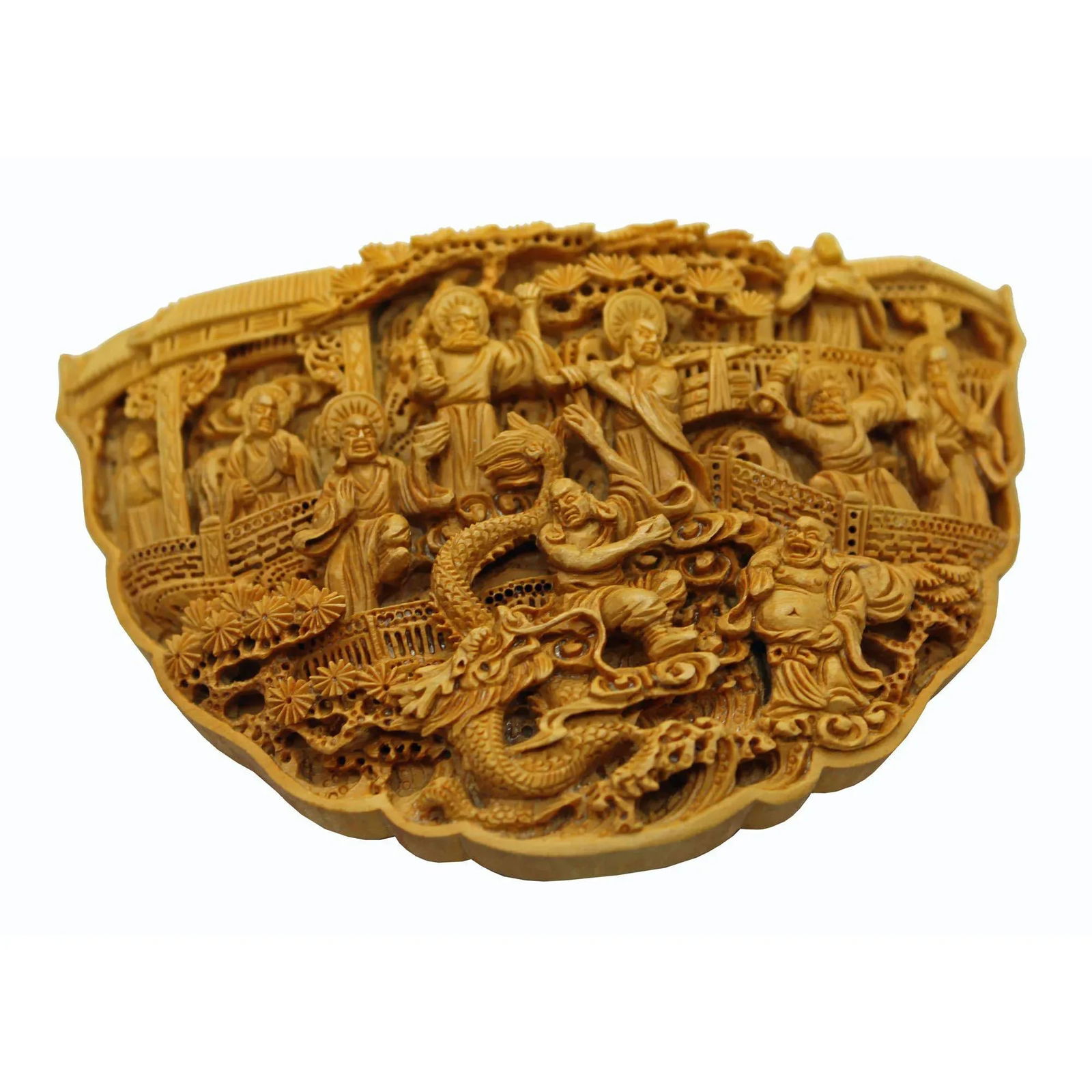 Carved Bamboo Birdcage Base Panel With Eighteen Arhats (Lohan) and Dragon - 2