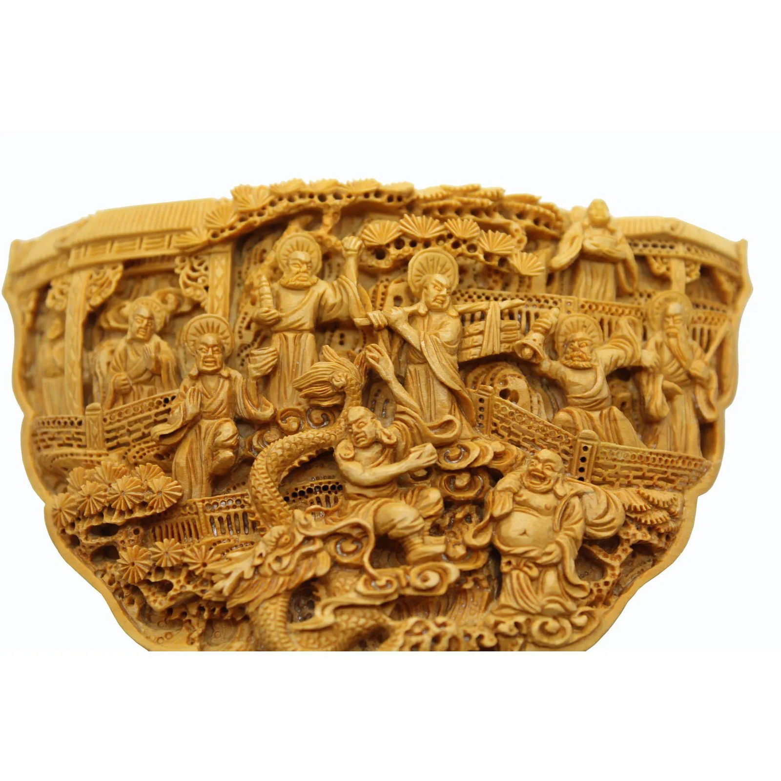 Carved Bamboo Birdcage Base Panel With Eighteen Arhats (Lohan) and Dragon - 3