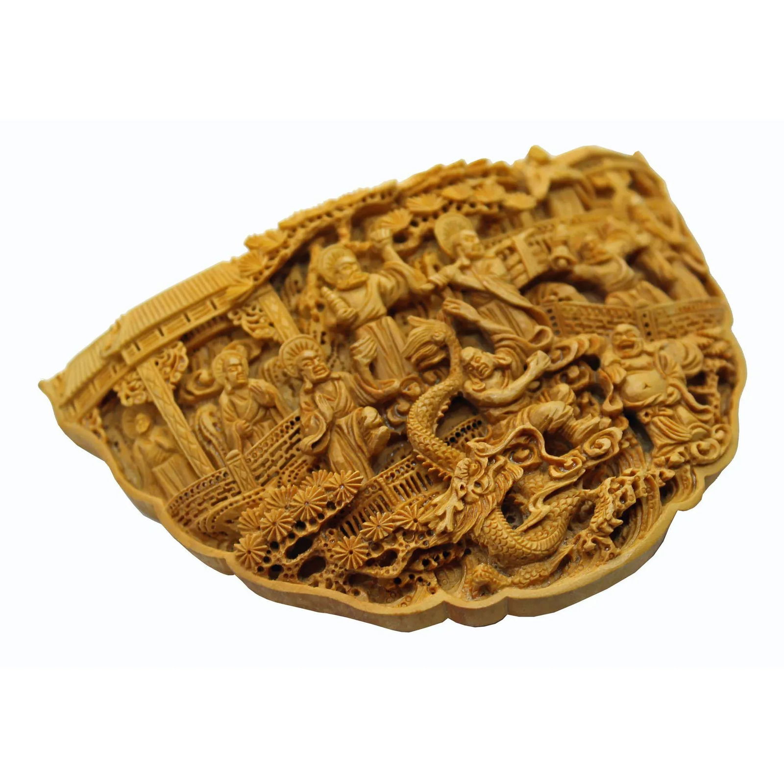 Carved Bamboo Birdcage Base Panel With Eighteen Arhats (Lohan) and Dragon - 4