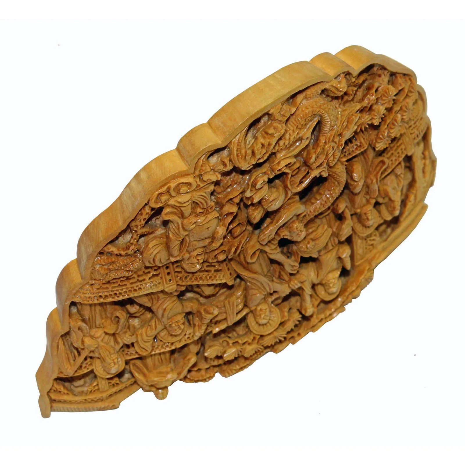 Carved Bamboo Birdcage Base Panel With Eighteen Arhats (Lohan) and Dragon - 6