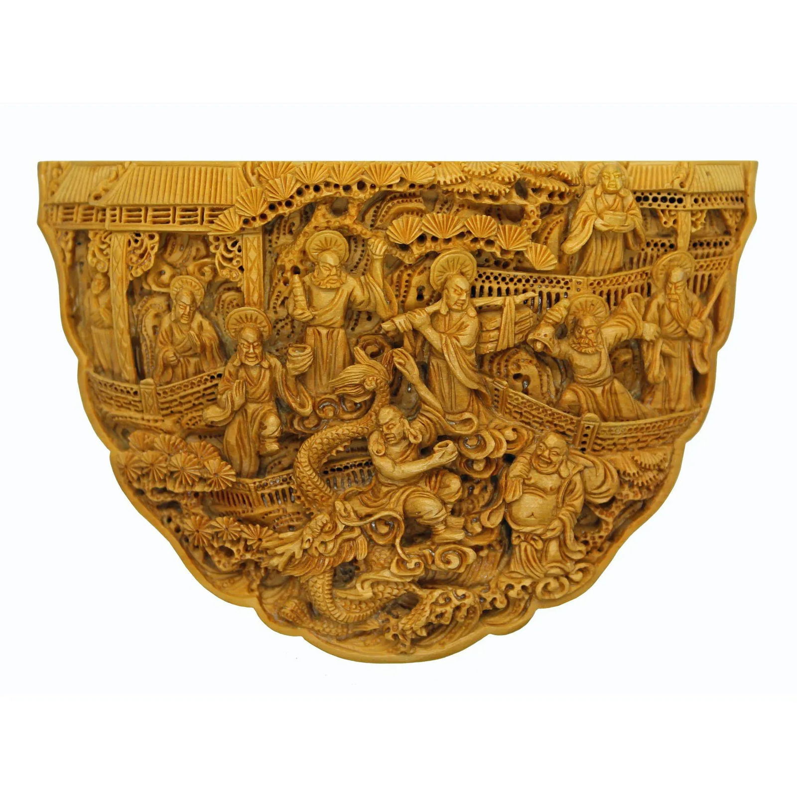 Carved Bamboo Birdcage Base Panel With Eighteen Arhats (Lohan) and Dragon - 7