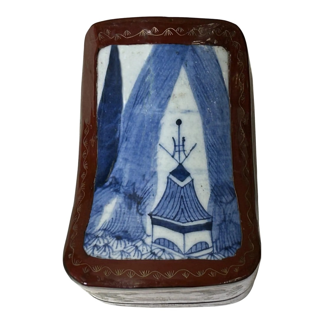 Chinese Old White Base Blue Scenery Porcelain Art Lacquer Box: This is a handmade wood box in an irregular shape with an old white base blue scenery graphic porcelain part inset on the surface as the box cover. The body is wood and finished with precise details