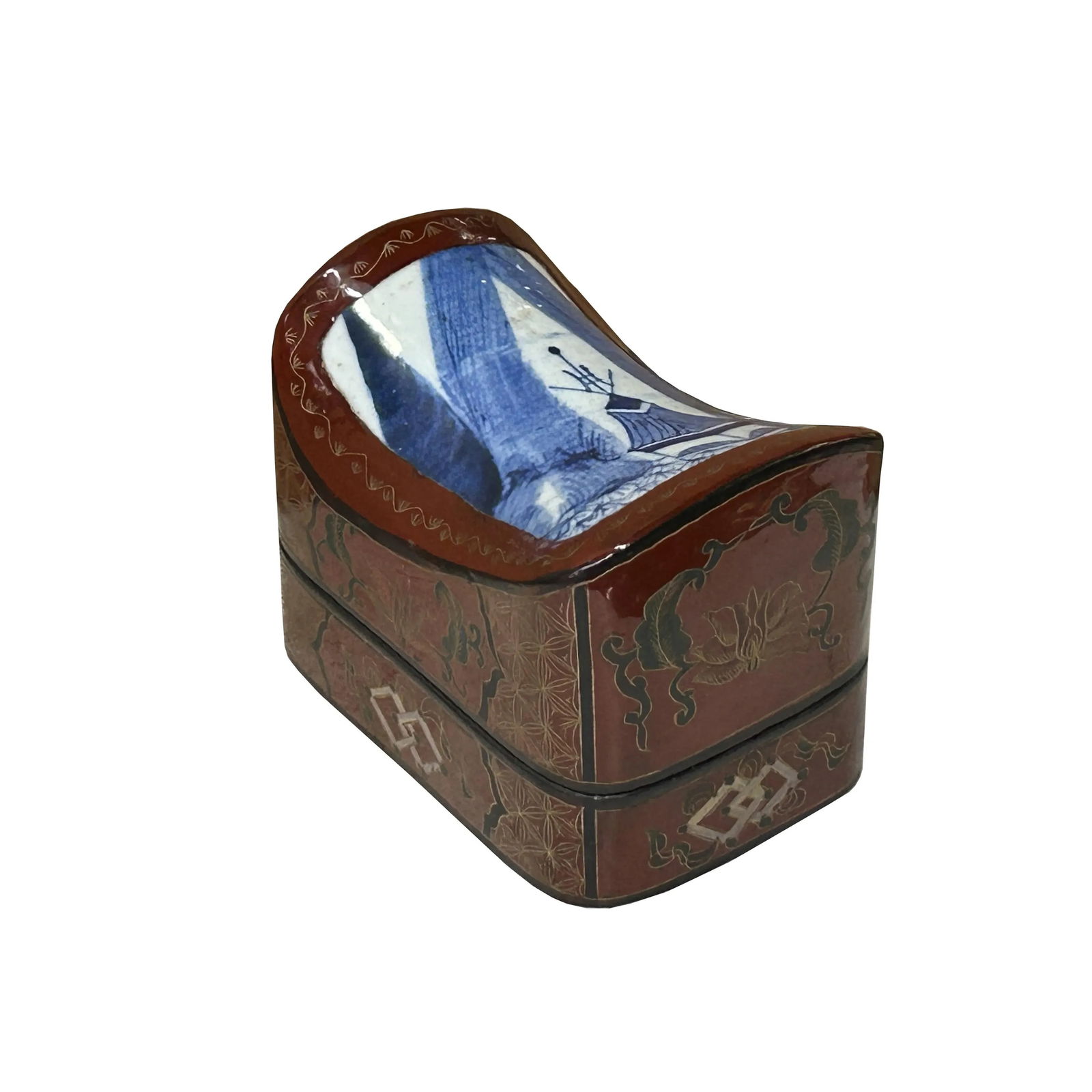 Chinese Old White Base Blue Scenery Porcelain Art Lacquer Box - 3