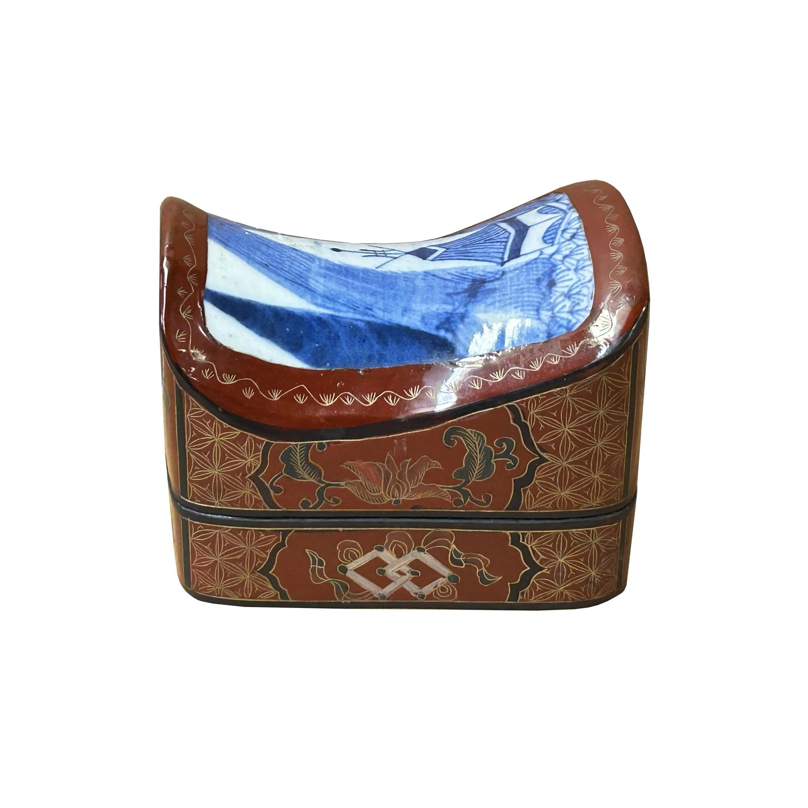 Chinese Old White Base Blue Scenery Porcelain Art Lacquer Box - 4