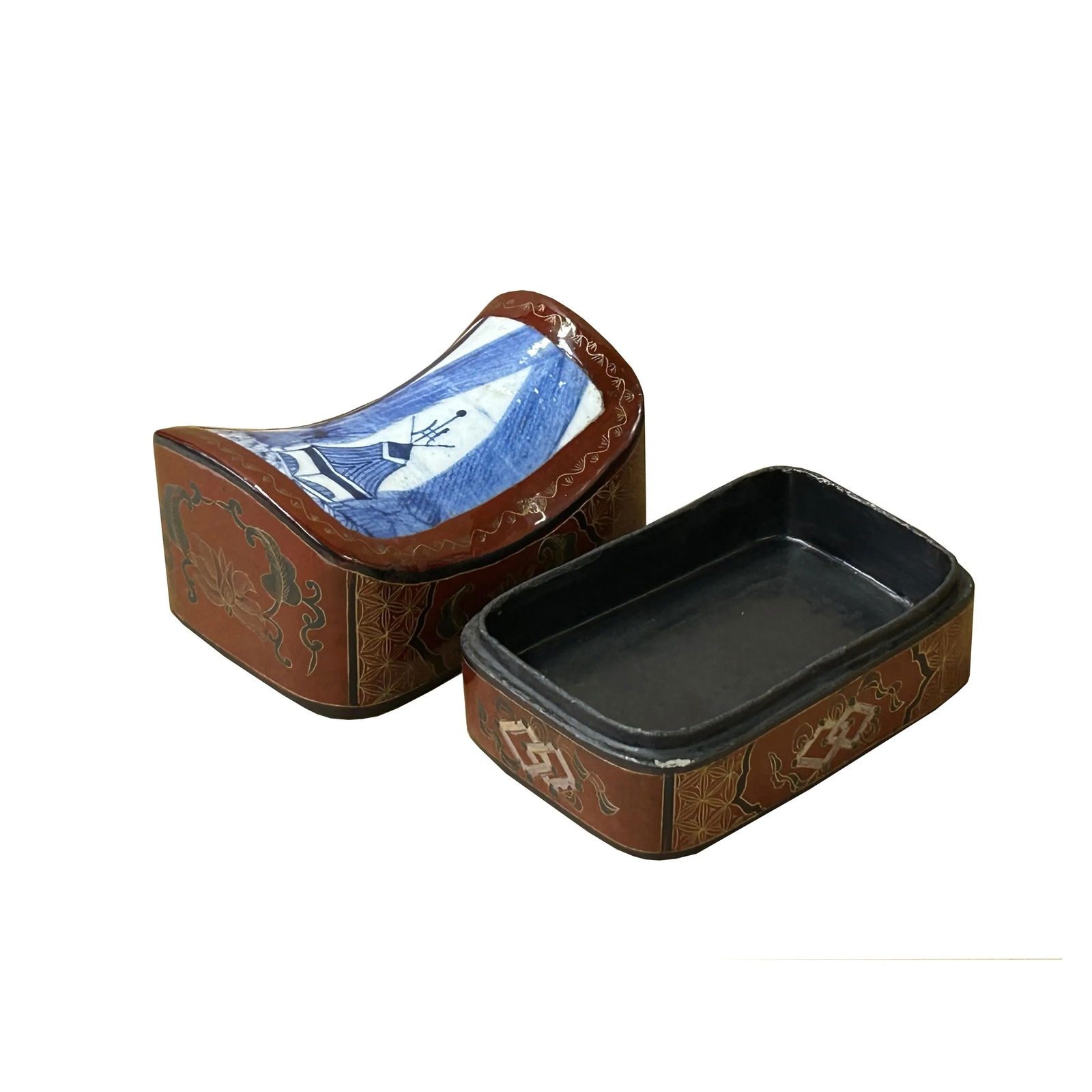 Chinese Old White Base Blue Scenery Porcelain Art Lacquer Box - 5