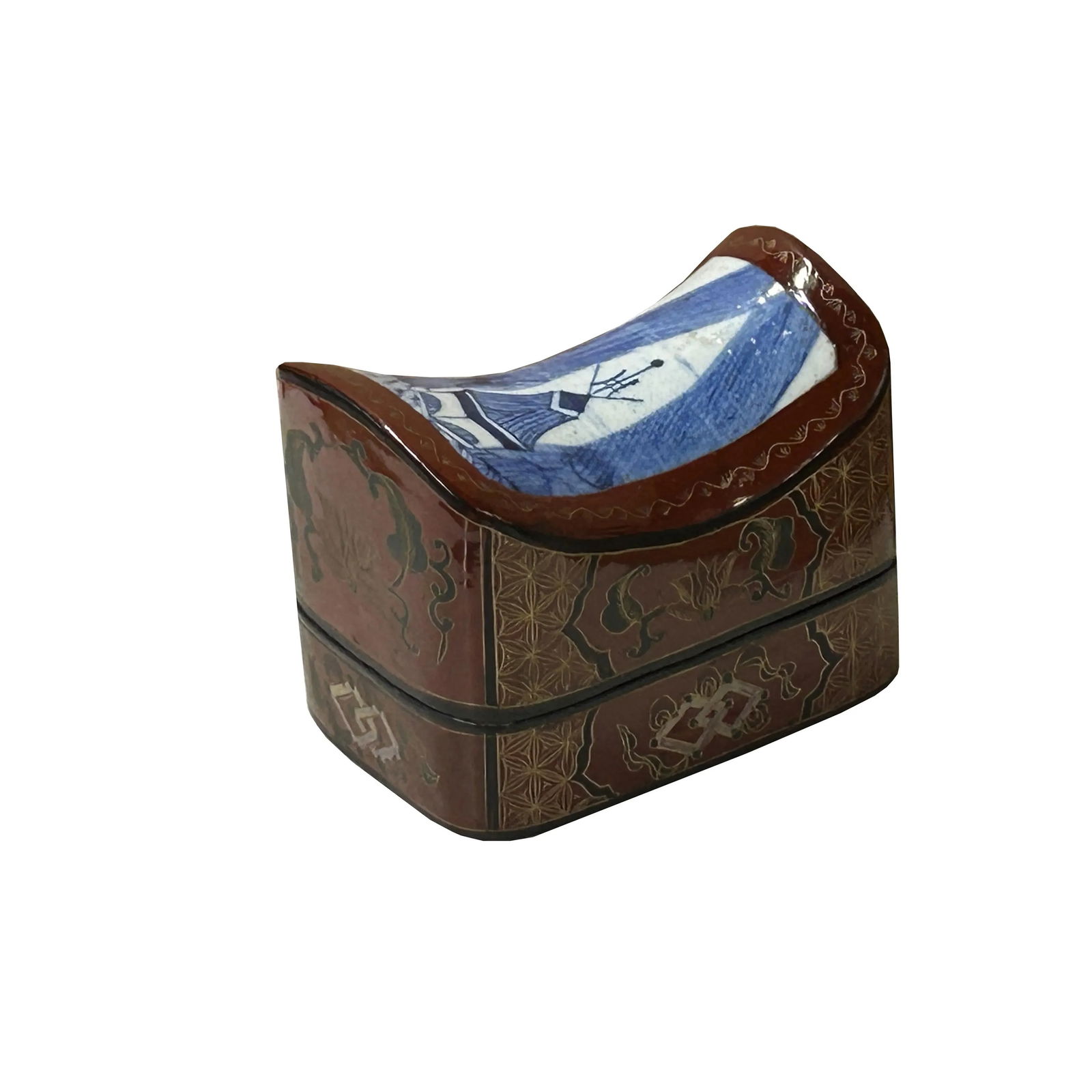 Chinese Old White Base Blue Scenery Porcelain Art Lacquer Box - 6