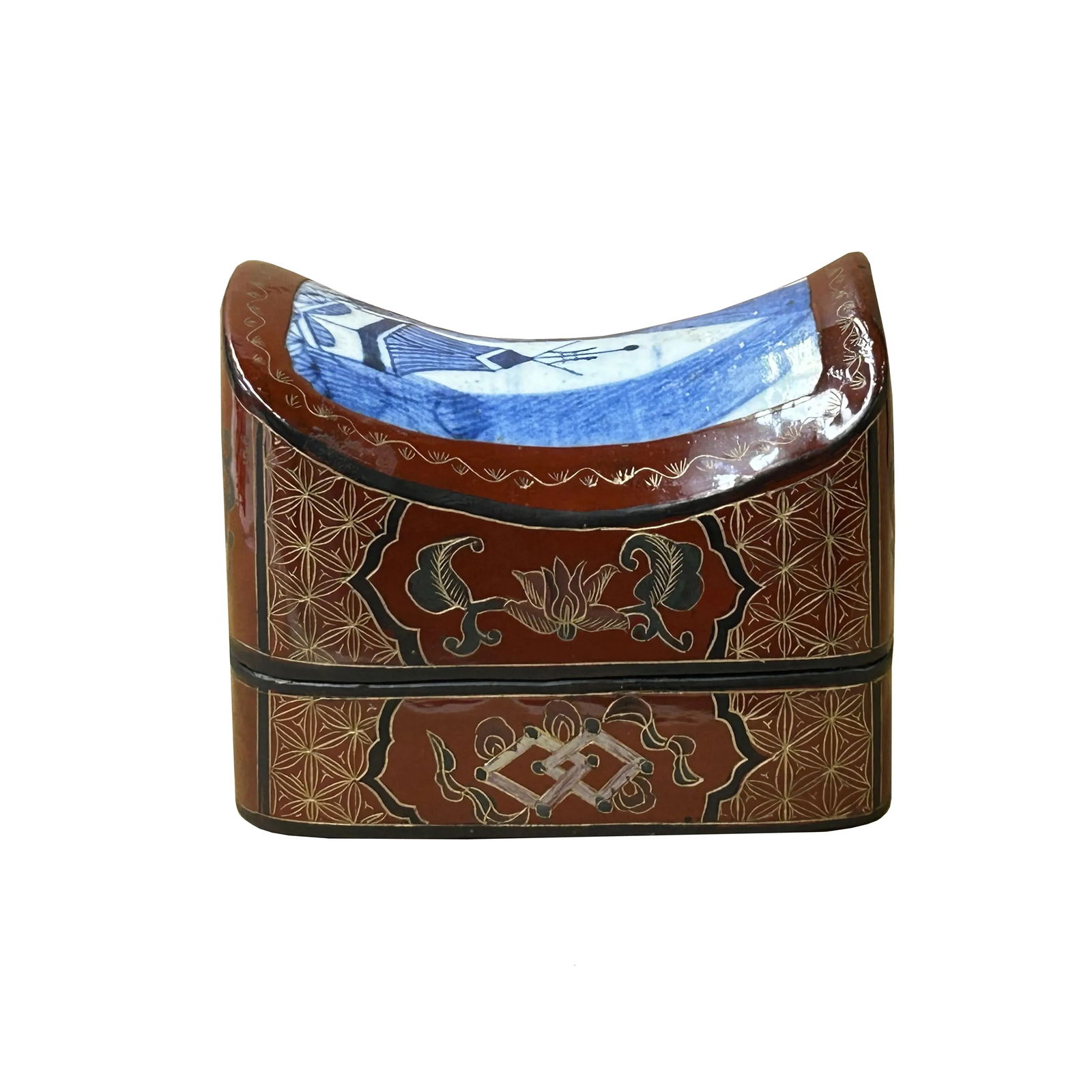 Chinese Old White Base Blue Scenery Porcelain Art Lacquer Box - 7