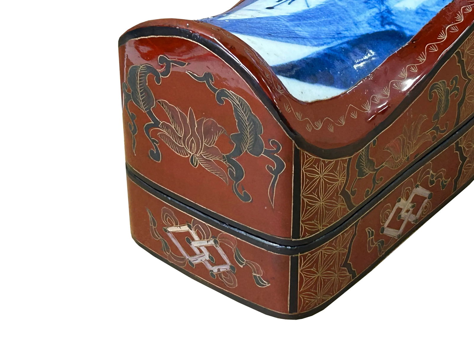 Chinese Old White Base Blue Scenery Porcelain Art Lacquer Box - 9