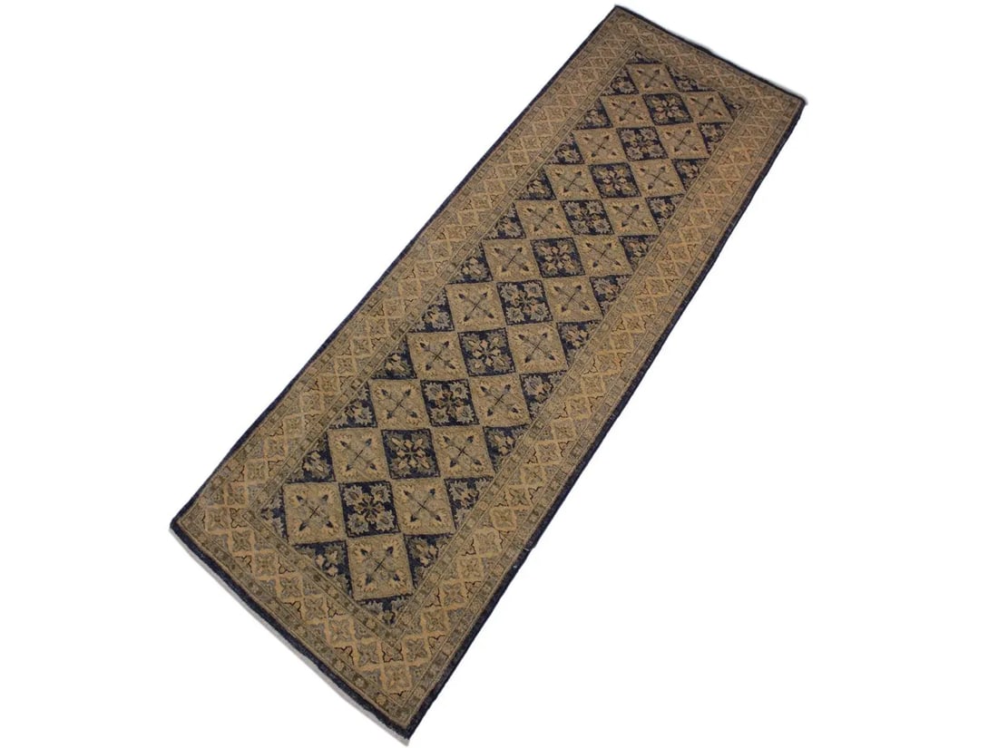 1990s Boho Chic Geometric Hand-Knotted Wool Rug - 2'9" X 8' - 2