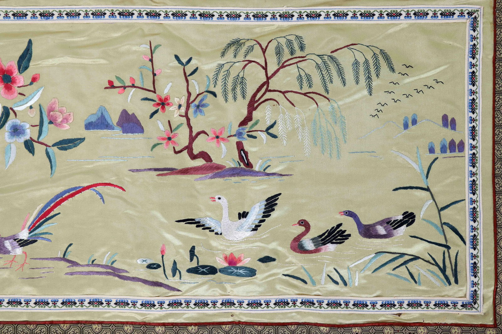Vintage Chinese Silk Embroidered Cloth With Tropical Birds and Swans in Golden Lake - 3