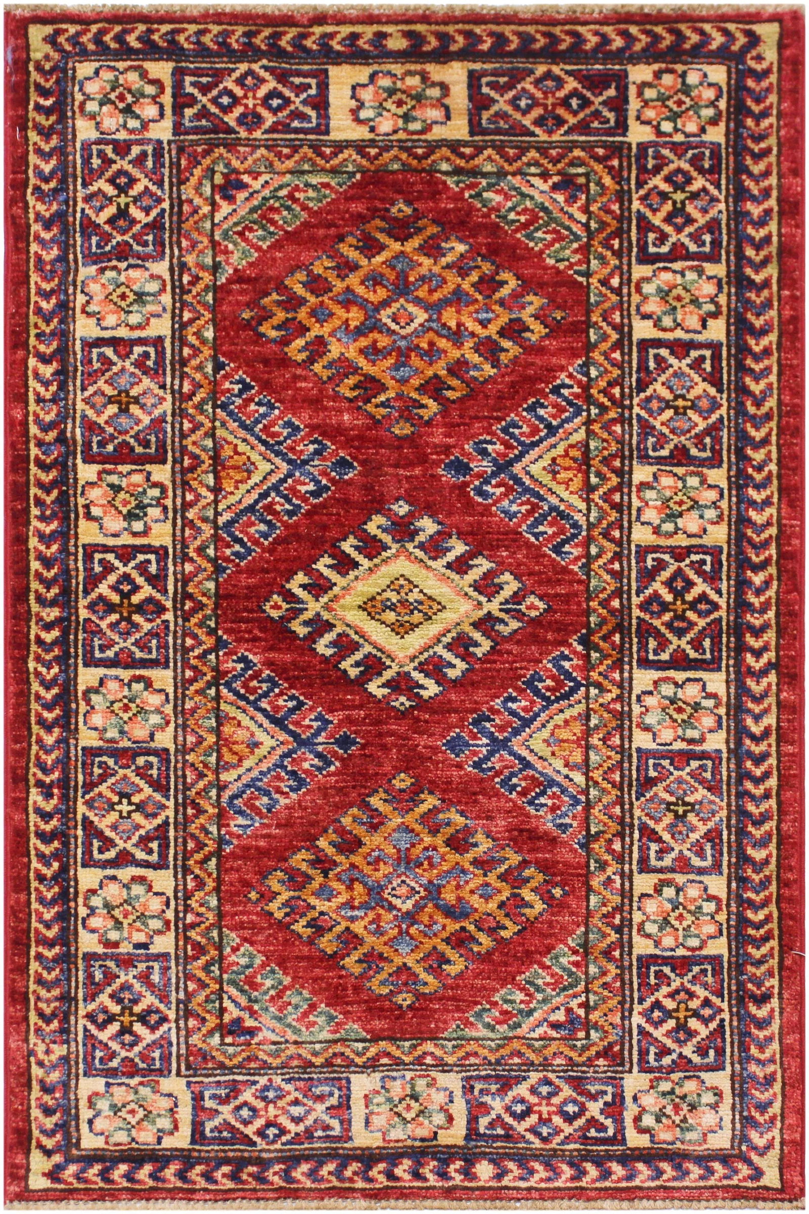 1990s Rustic Kazak Red/Beige Hand-Knotted Wool Rug - 2'0 X 2'10 - 2