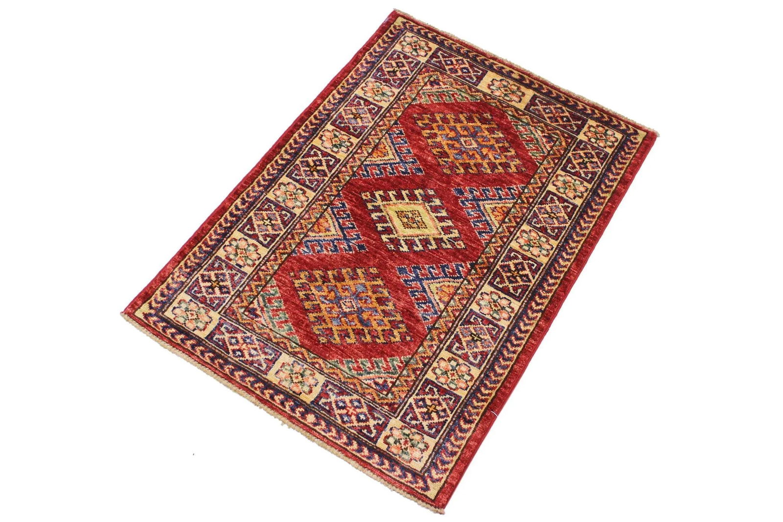 1990s Rustic Kazak Red/Beige Hand-Knotted Wool Rug - 2'0 X 2'10 - 3