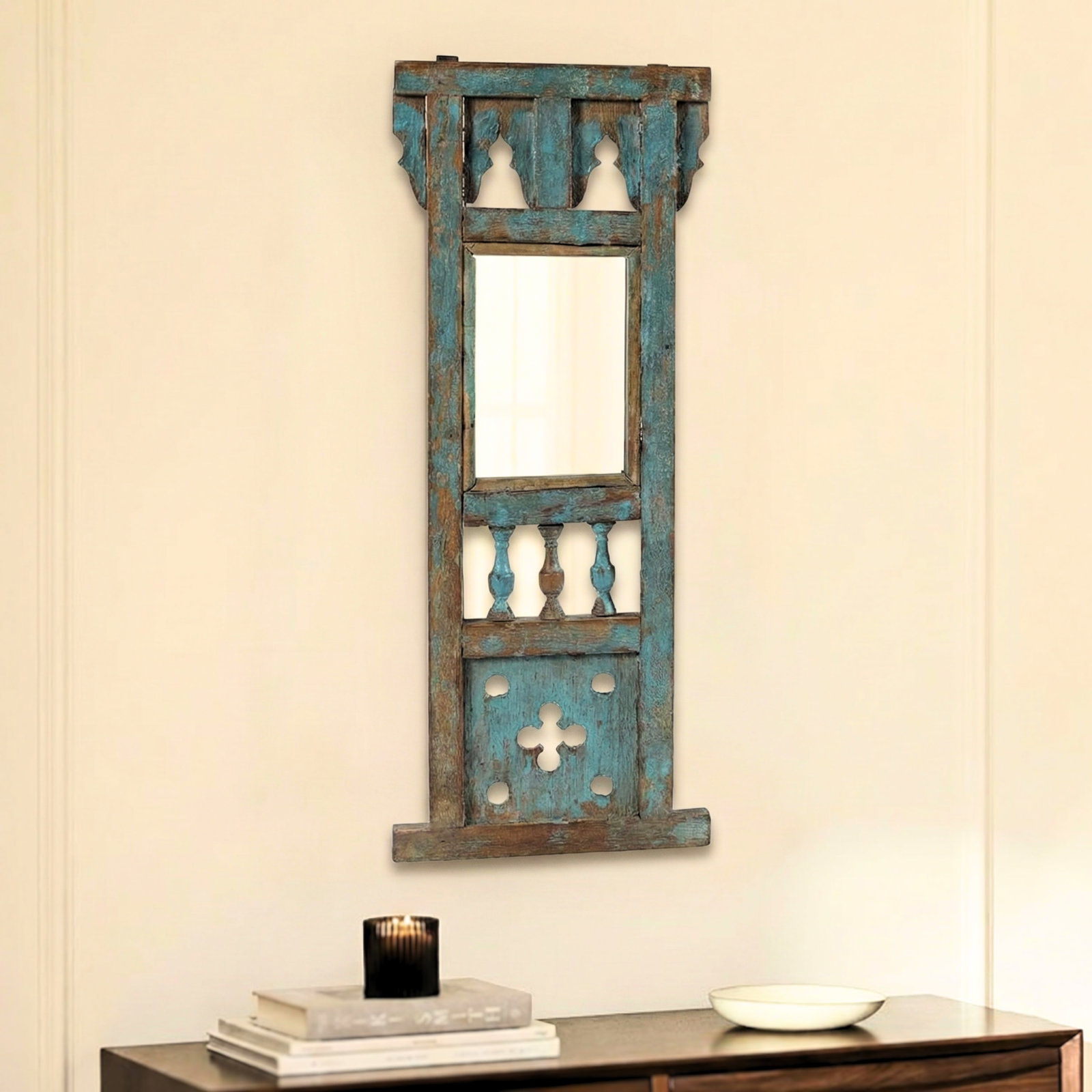 Vintage Teak Wood Panel Distressed Blue Decorative Wall Hanging With Mirror - 2