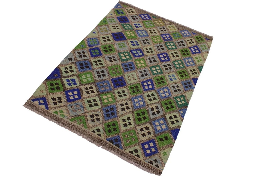 Contemporary Kilim Gray/Blue Hand-Woven Wool Rug - 4'1 X 5'10 - 2