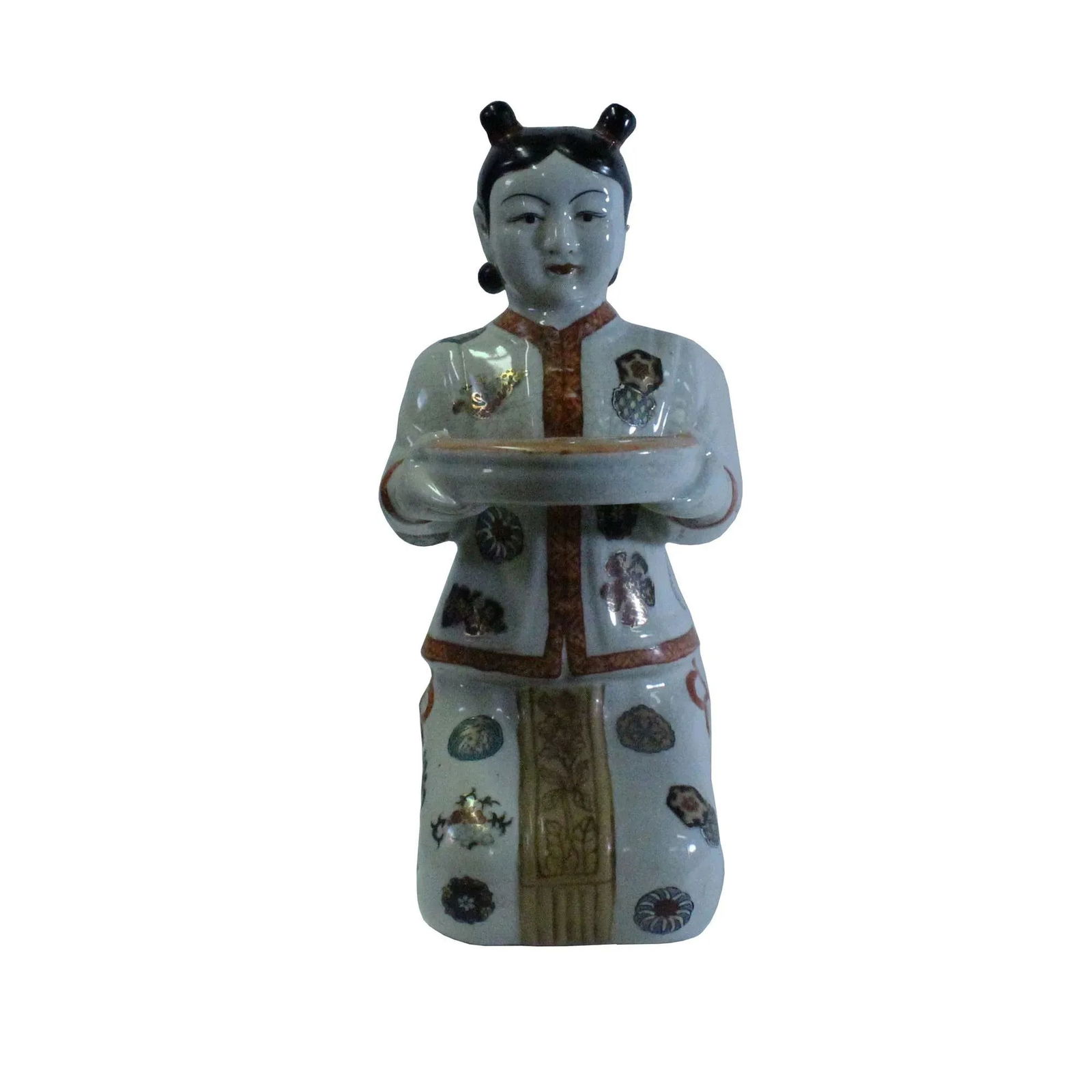 Oriental Vintage Ceramic Kneeling Lady Holding Dish Figure - 7