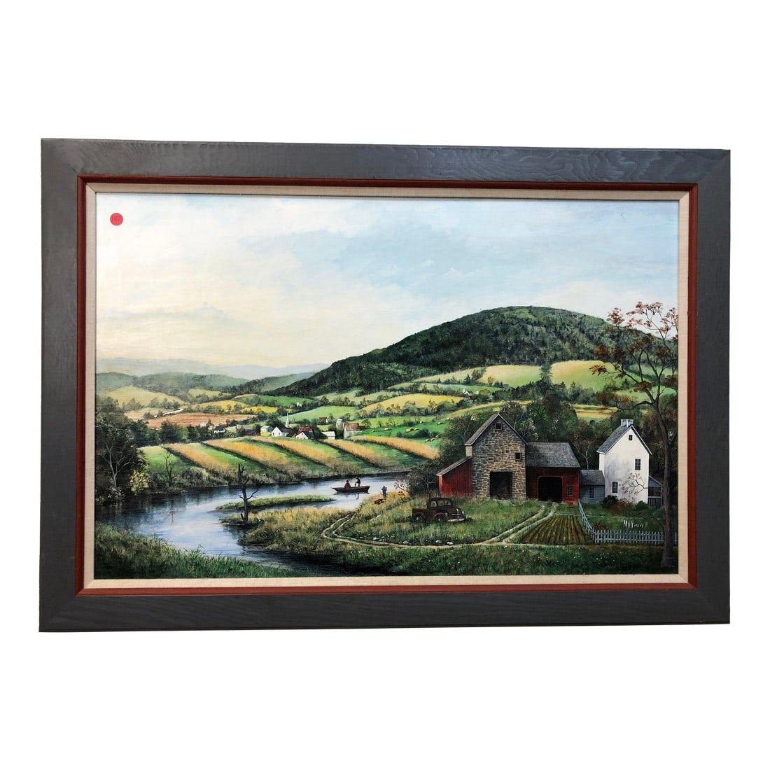 Summer's Bounty "“ Original Signed Oil on Board (1993): This original oil painting on board beautifully captures the essence of rural life, featuring a farmhouse framed in the foreground, with tilled lands and rolling hills stretching into the background.