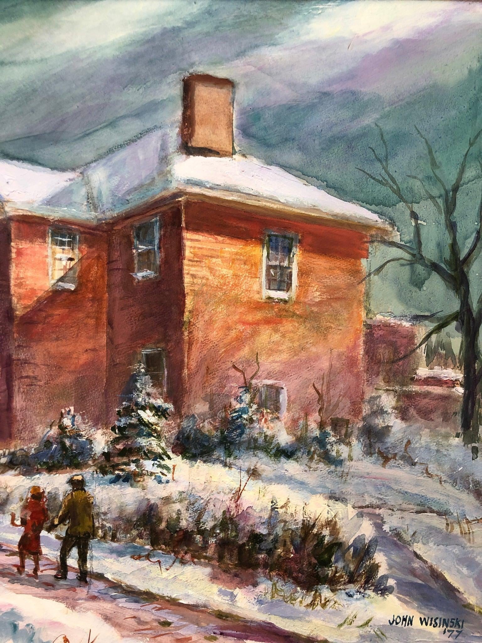 Winter Stroll by the Brick House - Original Oil Painting Signed on the Bottom 1977, Framed - 4