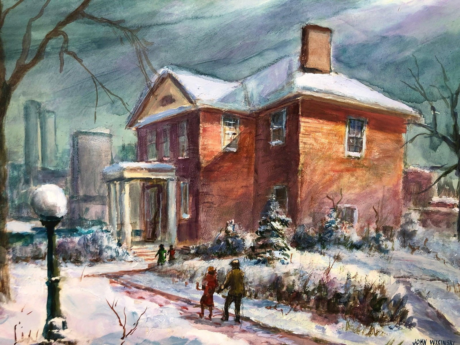 Winter Stroll by the Brick House - Original Oil Painting Signed on the Bottom 1977, Framed - 6