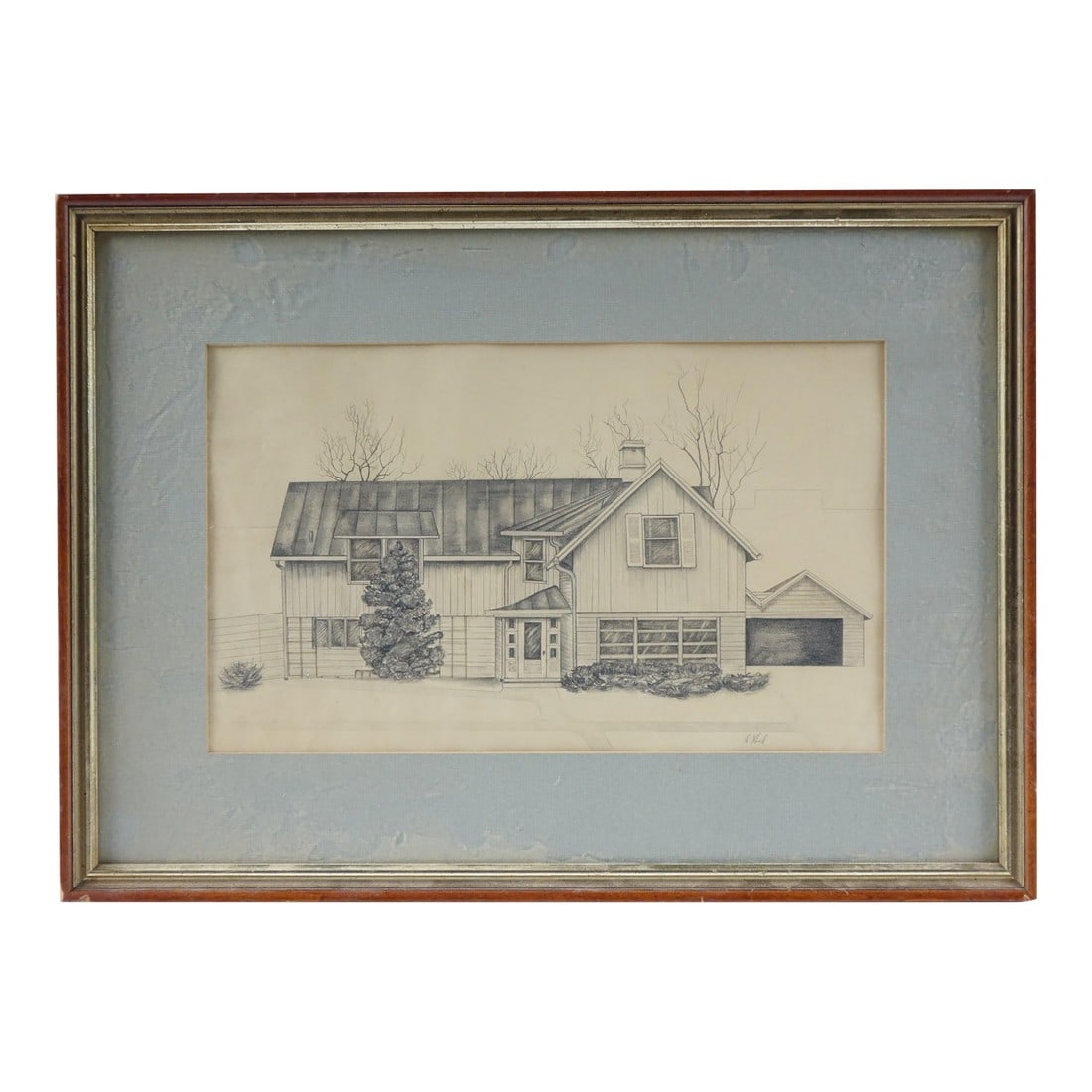 Home - Original Pencil Drawling on Paper Signed: This delicate pencil drawing captures a charming two-story house nestled quietly in a tranquil landscape. Executed in a realistic and architectural style, the artwork displays intricate attention to