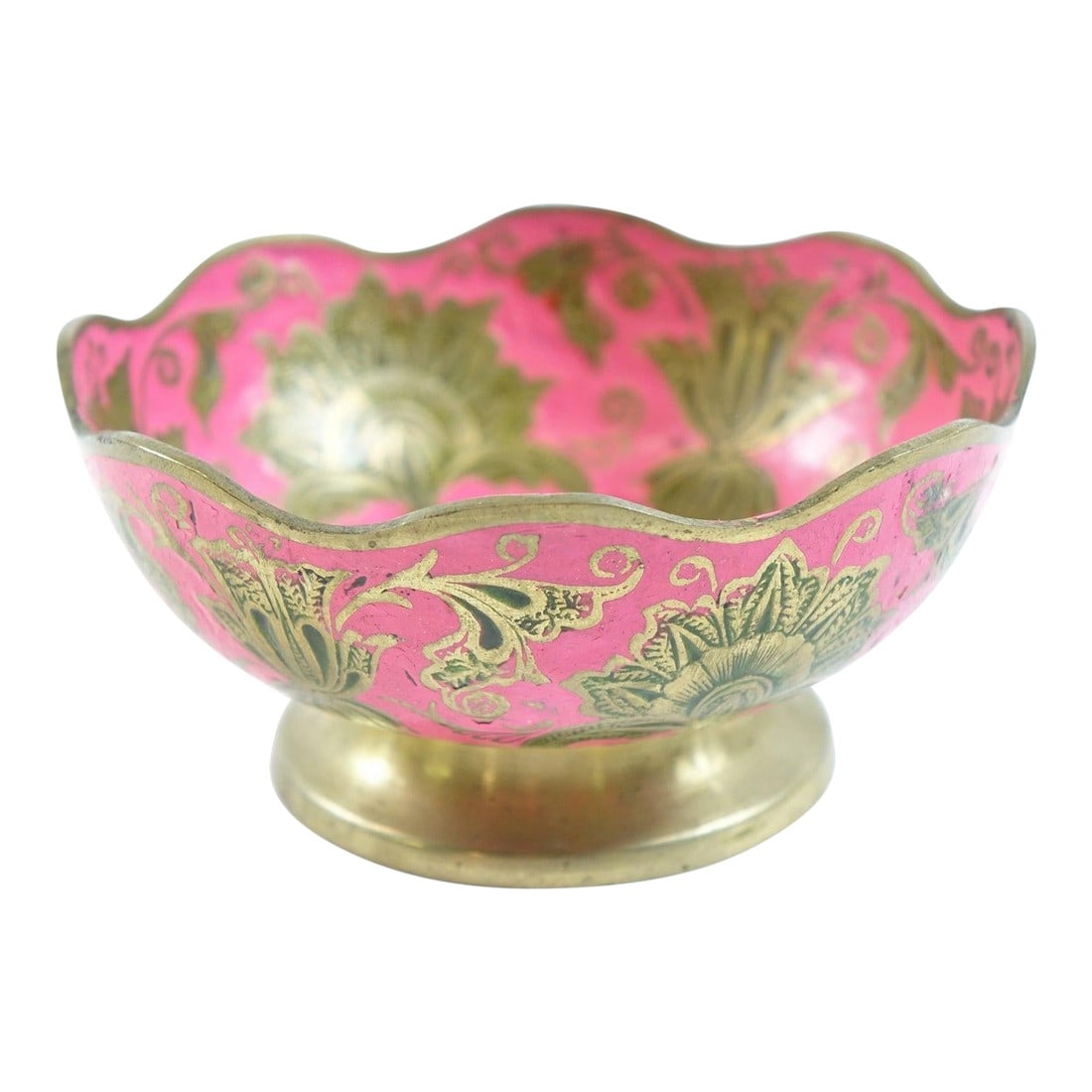 1950s Brass Enameled Decorative Bowl: Brass Enameled Decorative Bowl This beautiful enameled brass bowl features intricate hand-etched floral patterns highlighted with vibrant pink and gold tones. The scalloped rim and pedestal base add e