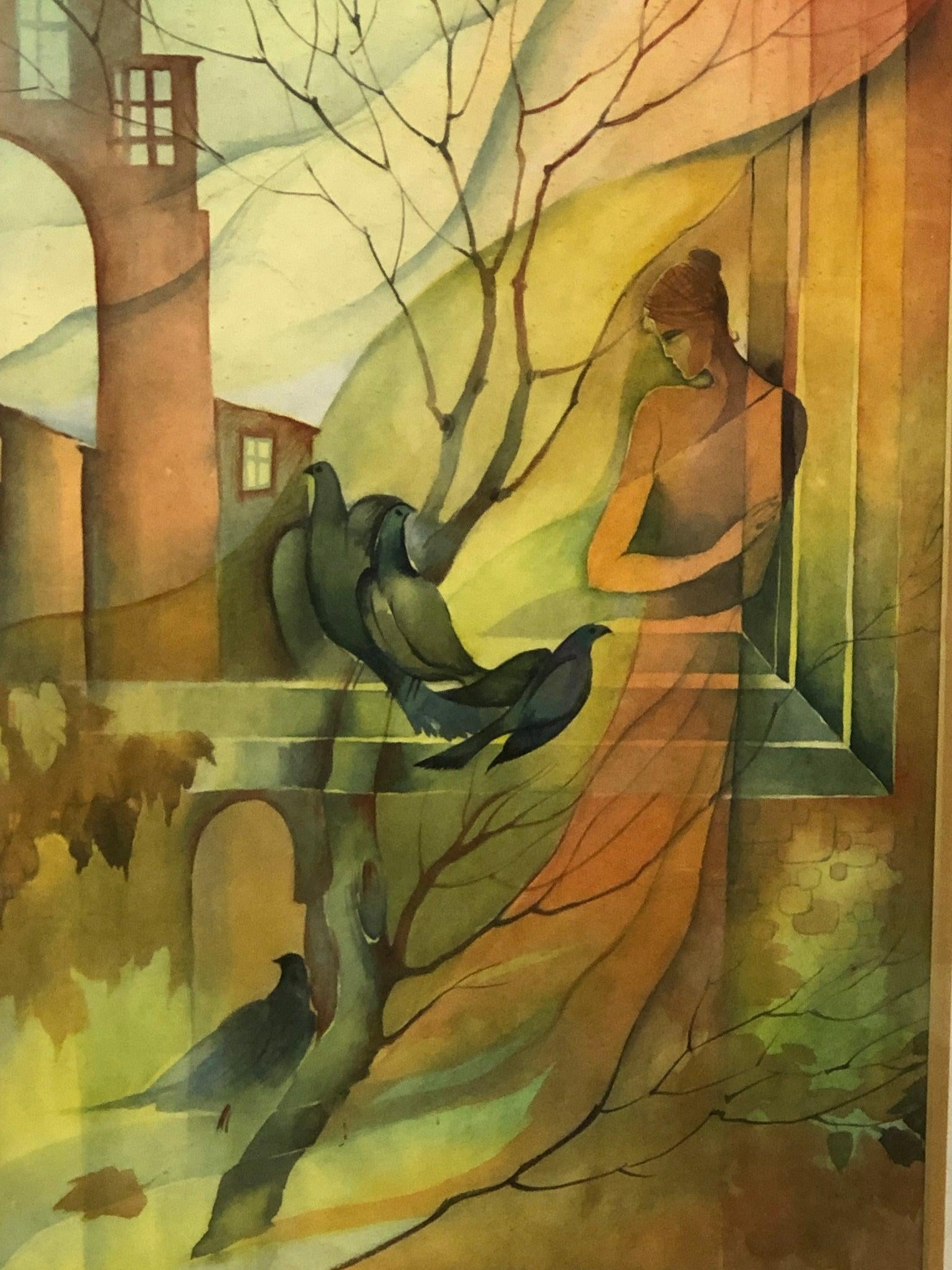Listening to the Light - Late 20th Century Woman and the Birds Original Watercolor Signed, Framed - 2