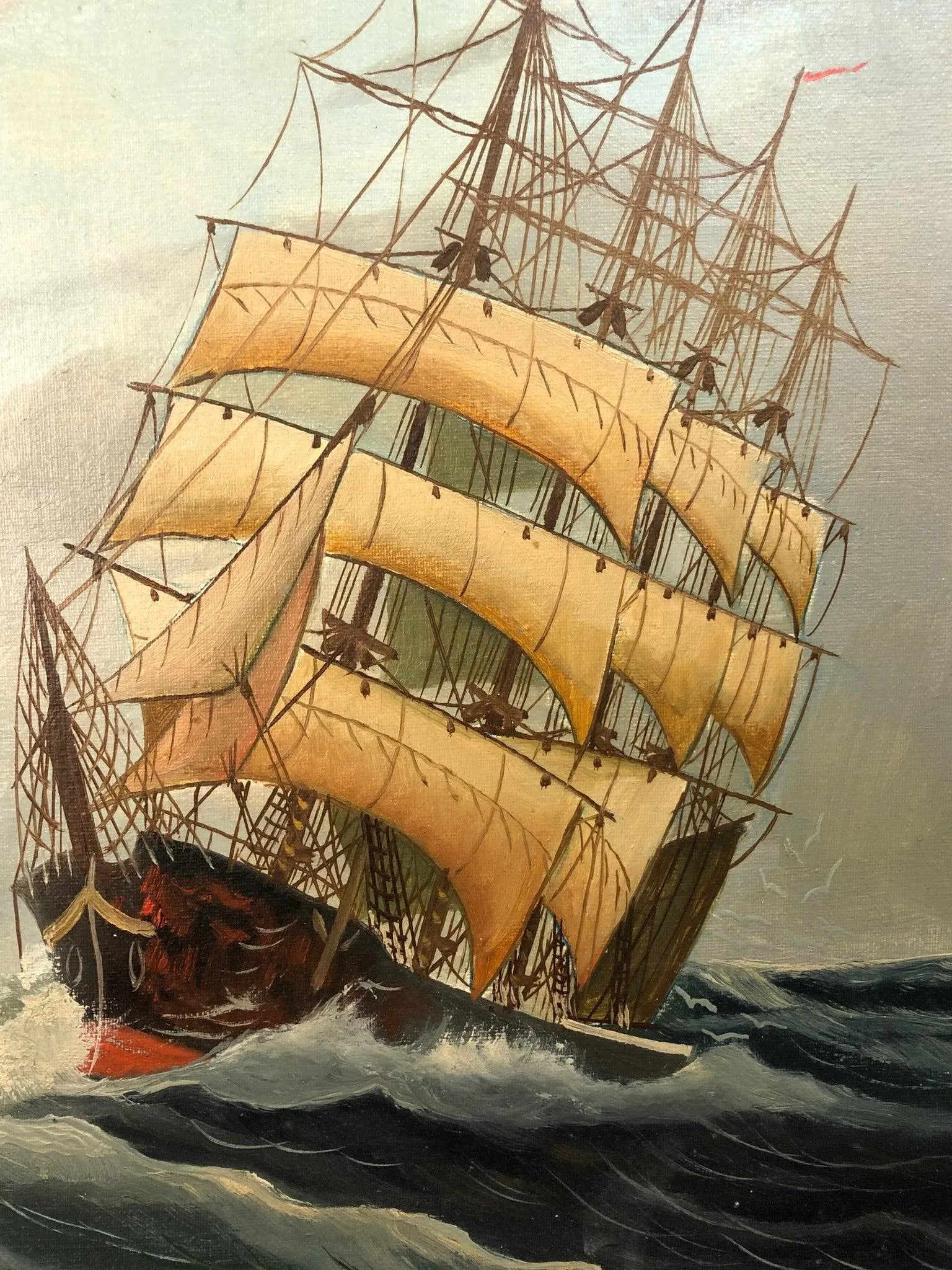 Euripean School Ship at Sea Antique Oil on Canvas Signed on the Bottom - 3