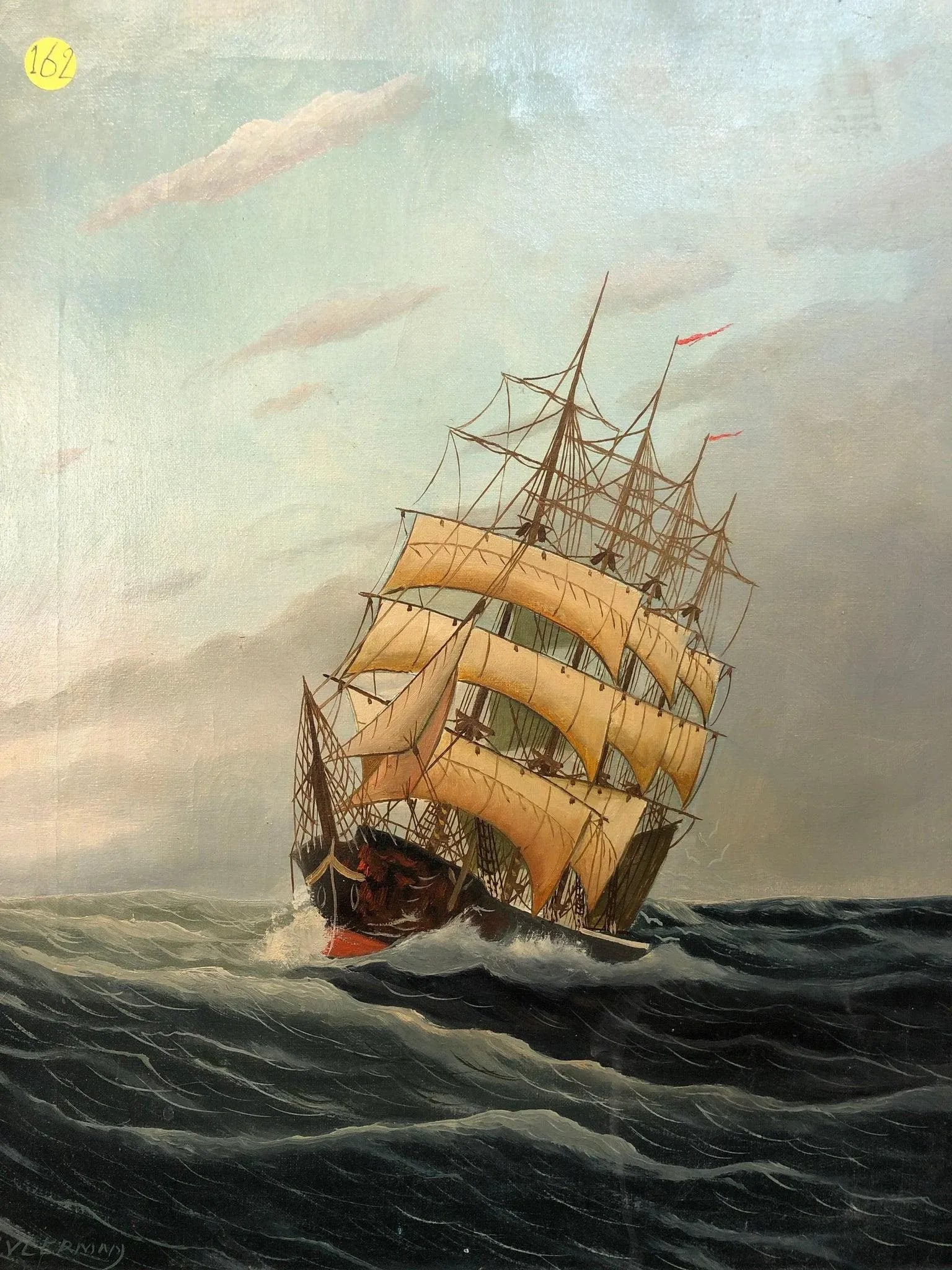 Euripean School Ship at Sea Antique Oil on Canvas Signed on the Bottom - 5