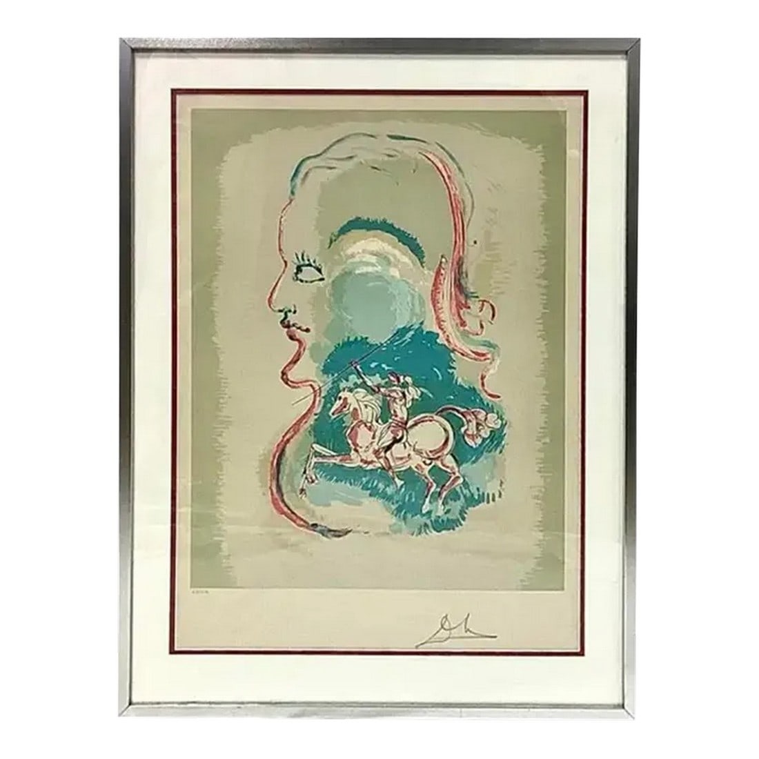 Salvador Dali "Dream of a Horseman" Lithograph: 20th century Salvador Dali "Dream of a Horseman" Lithograph, framed. Painting features a man on horseback with spear, imbedded in a larger silhouette of a male head in profile. Painting is in colors o