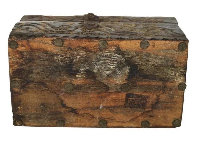 Antique Handmade Indian Carved Wood Money Box With Hardware, 19th Century - 6