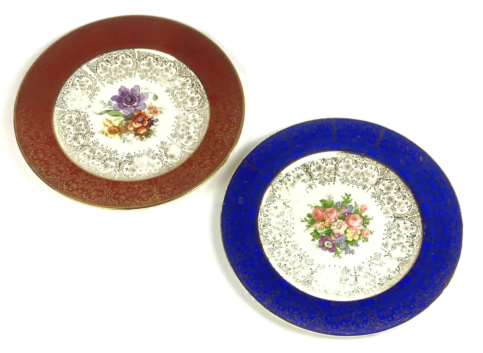 Red and Blue Border with Floral and 22k Gold Plates - a Pair - 13