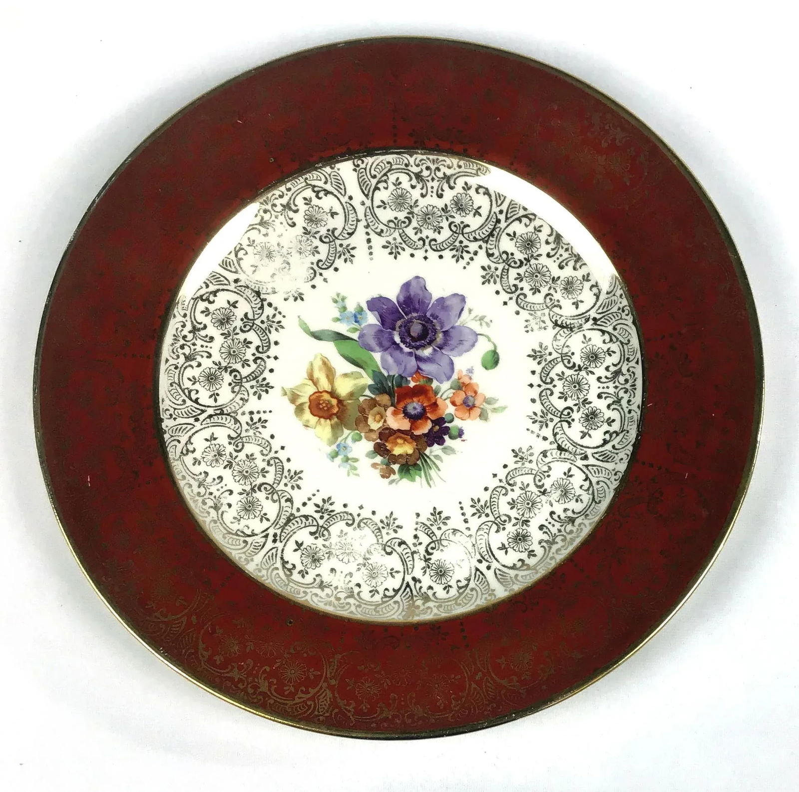 Red and Blue Border with Floral and 22k Gold Plates - a Pair - 3