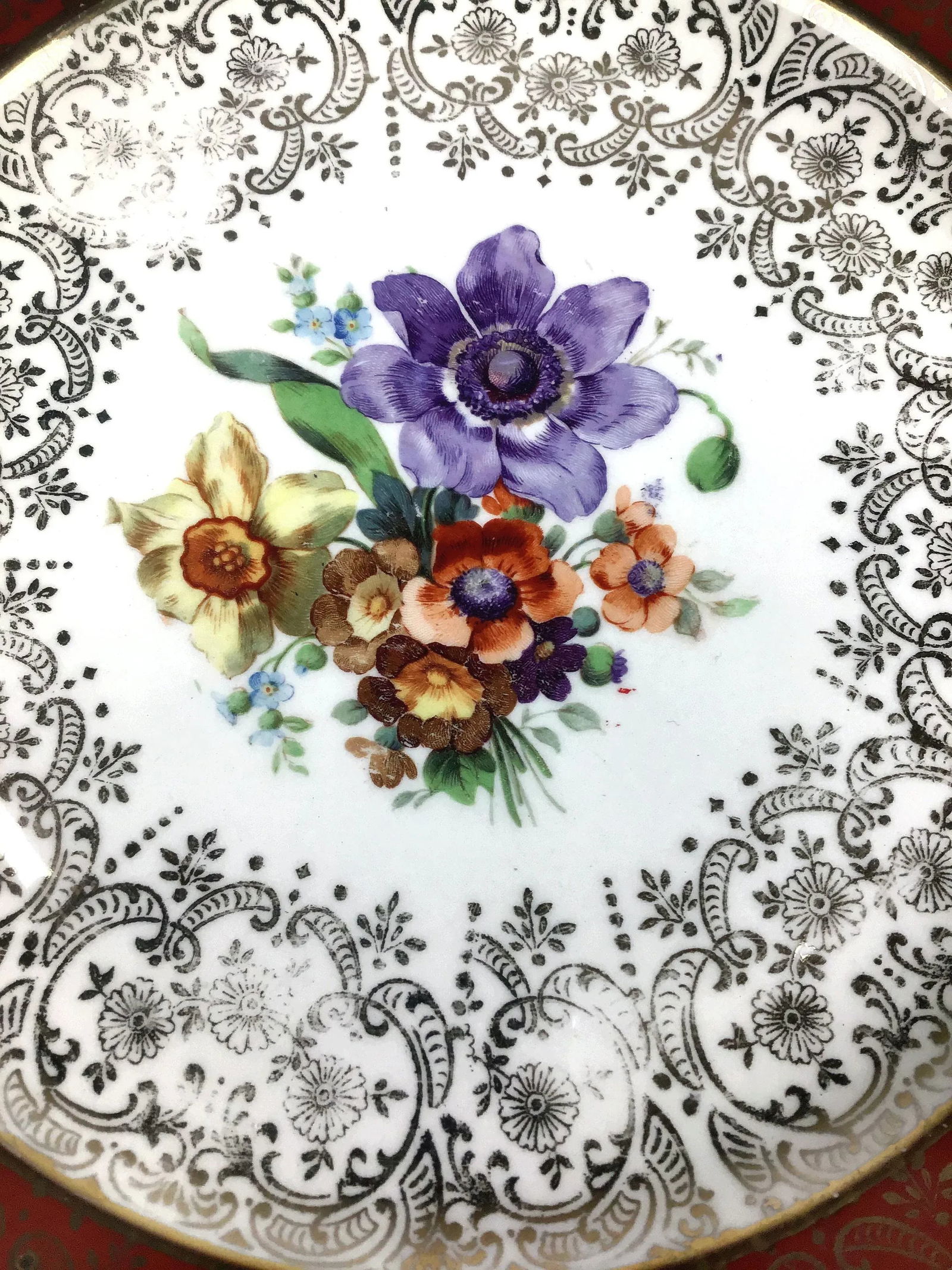 Red and Blue Border with Floral and 22k Gold Plates - a Pair - 8