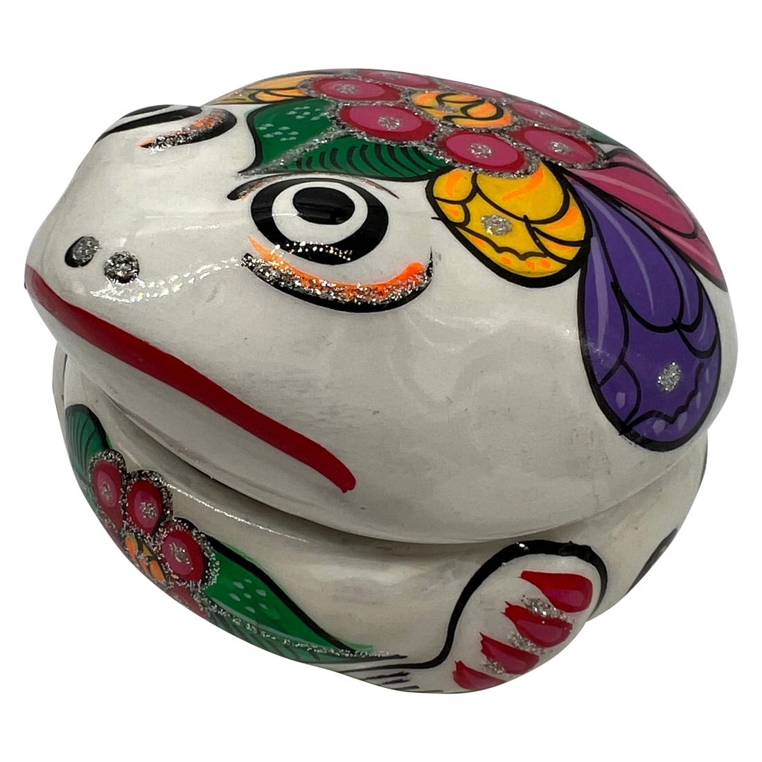 Terracotta Mexican Folk Art Frog Box: Colorful Mexican folk art box in the shape of a frog. White glazed terracotta clay with colorful flowers in pink, green, yellow and purple. Some silver accents as well. This would make a nice little j