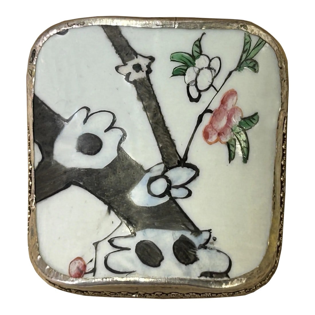 3.25" Chinese Old White Base Gray Flower Graphic Porcelain Art Pewter Box: This is a handmade pewter box in an irregular shape with an old white base color oriental flower graphic porcelain part inset on the surface as the box cover. Dimensions: 3.25" x 3.25" x h2" +-0.5"