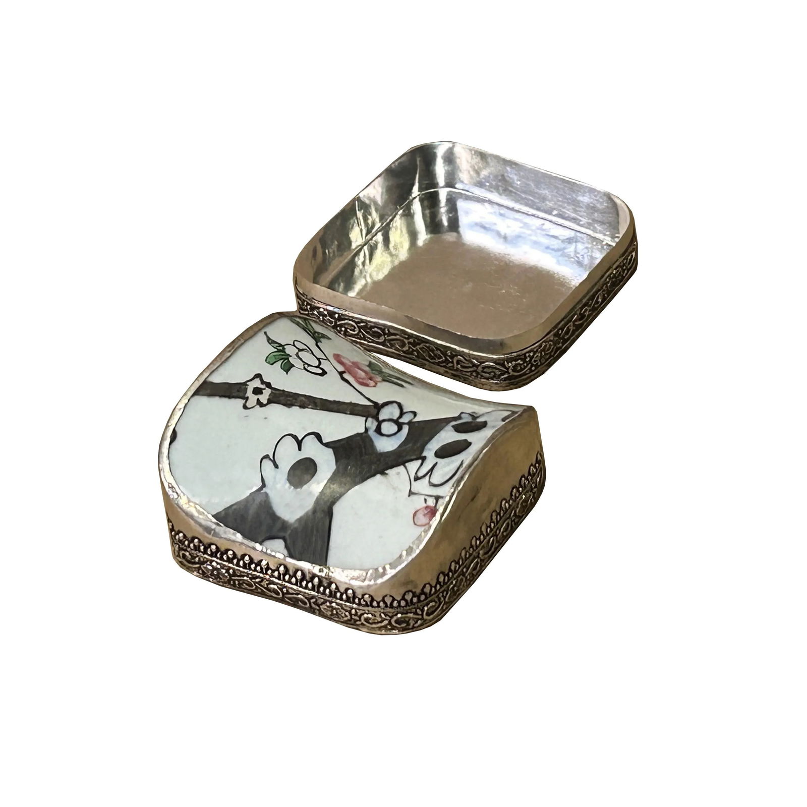 3.25" Chinese Old White Base Gray Flower Graphic Porcelain Art Pewter Box - 2