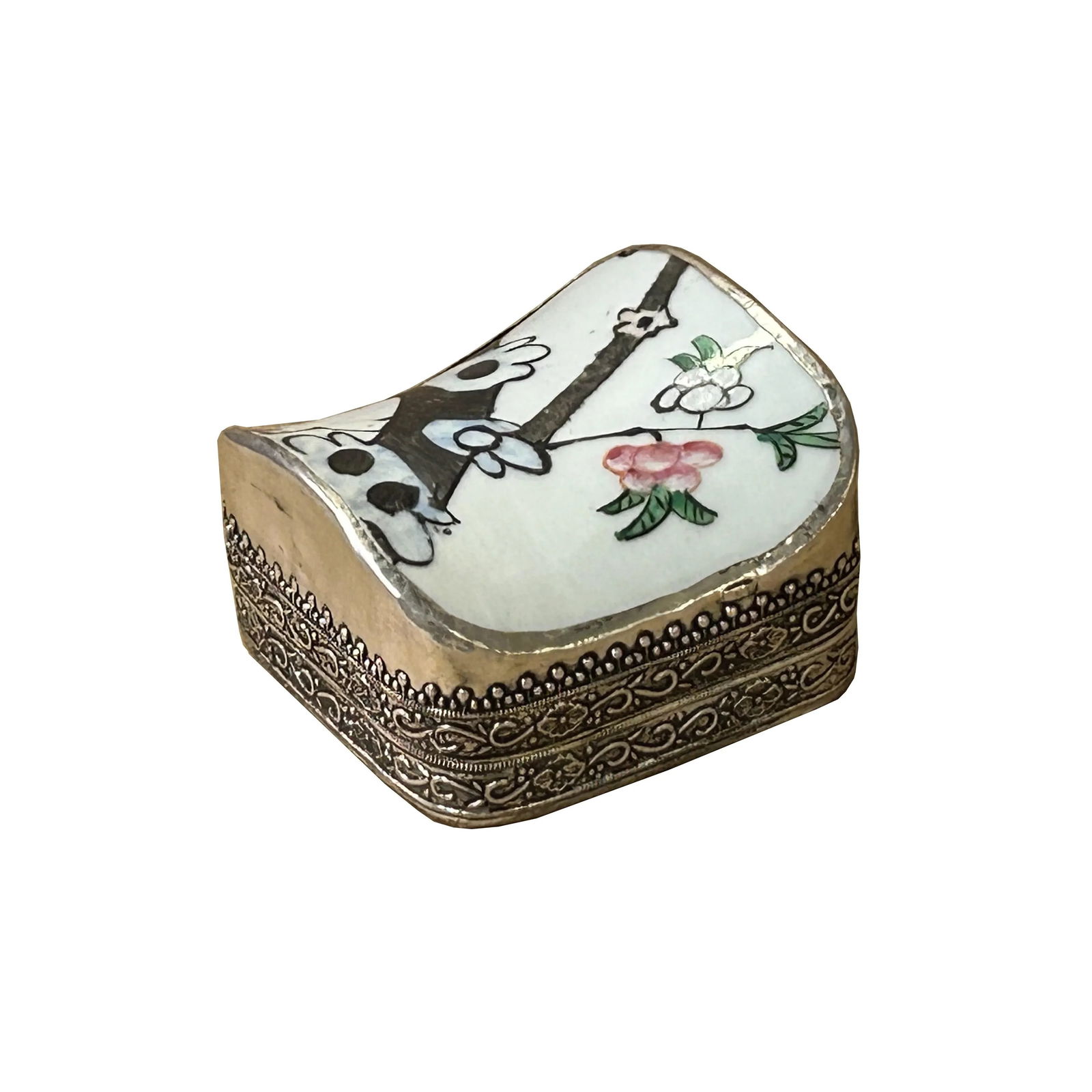 3.25" Chinese Old White Base Gray Flower Graphic Porcelain Art Pewter Box - 3