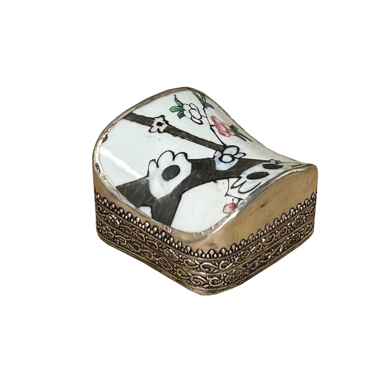 3.25" Chinese Old White Base Gray Flower Graphic Porcelain Art Pewter Box - 4