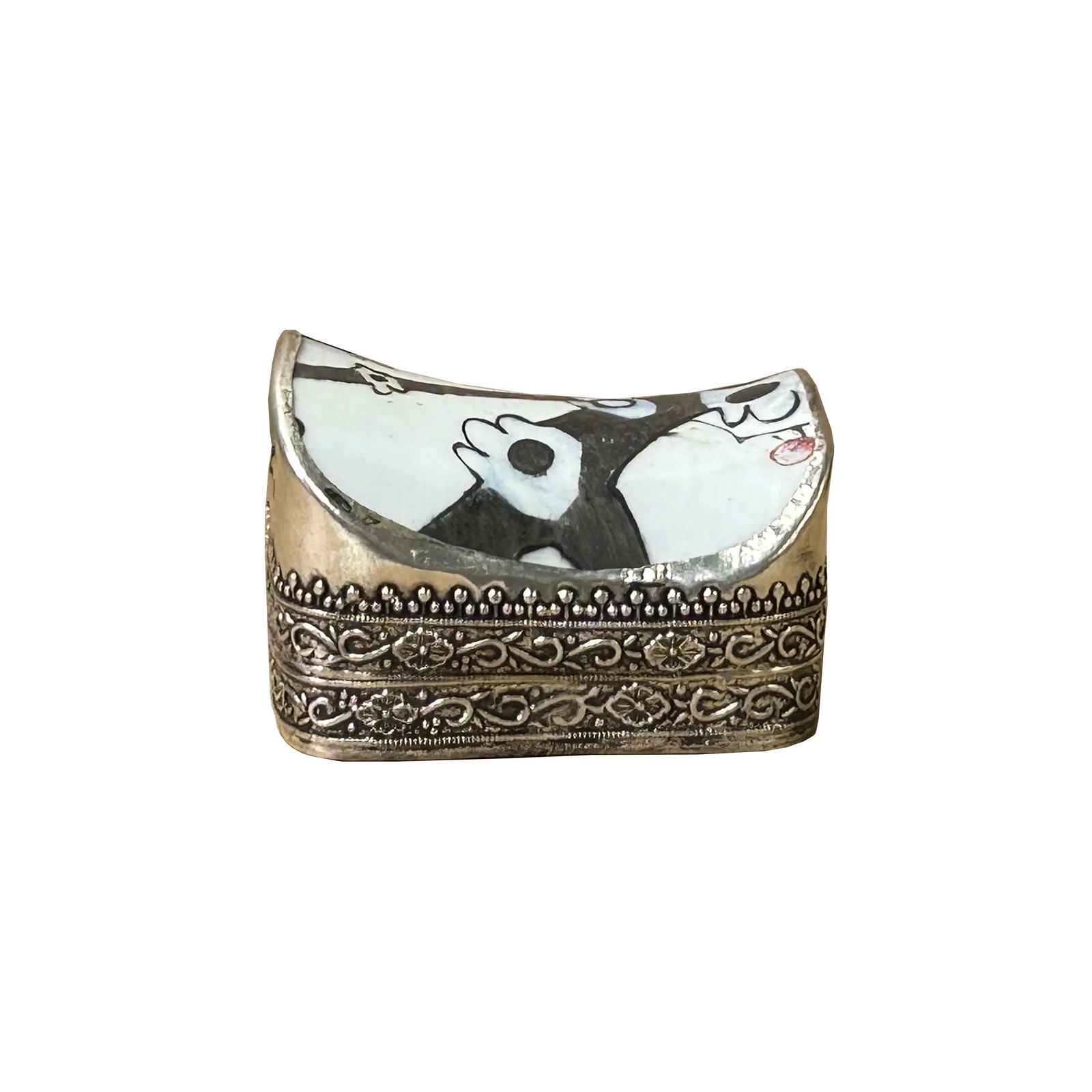 3.25" Chinese Old White Base Gray Flower Graphic Porcelain Art Pewter Box - 5