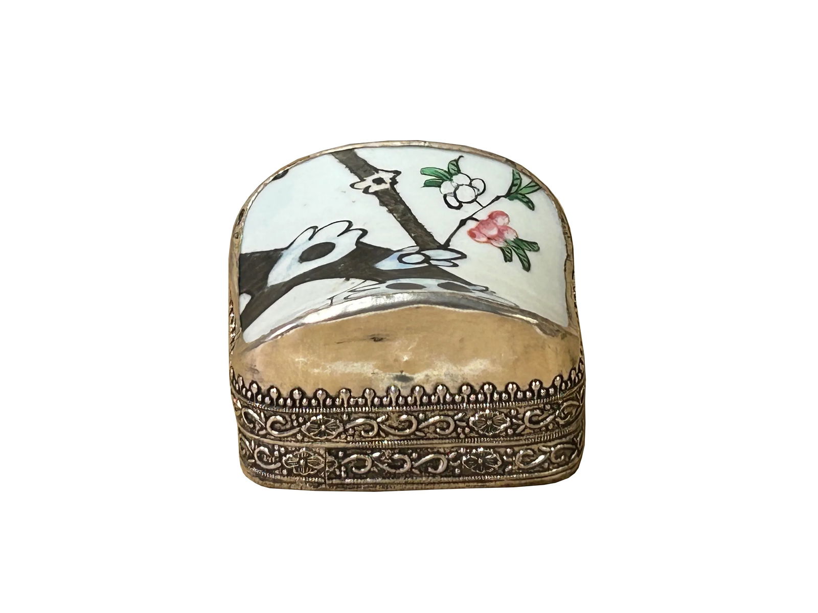 3.25" Chinese Old White Base Gray Flower Graphic Porcelain Art Pewter Box - 7