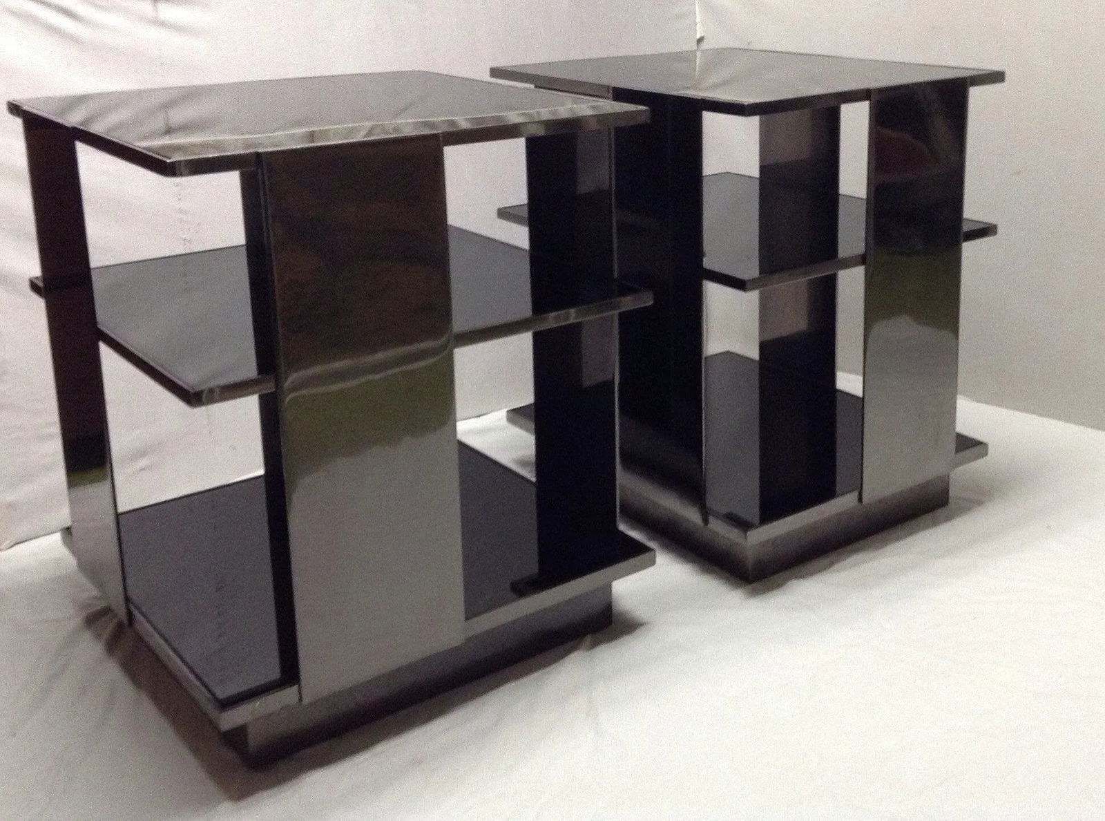 Milo Baughman Style 3-Tier Chrome & Black Glass End Tables - a Pair - 11