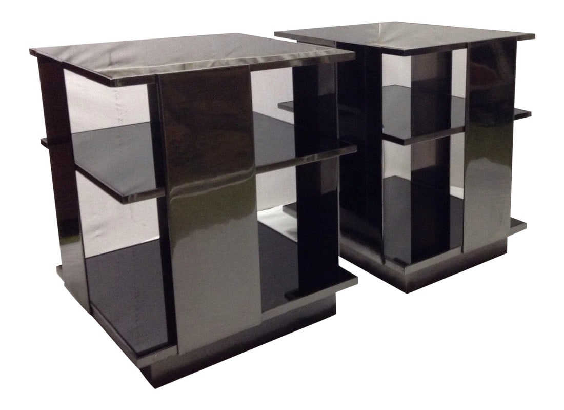 Milo Baughman Style 3-Tier Chrome & Black Glass End Tables - a Pair (1 of 11)