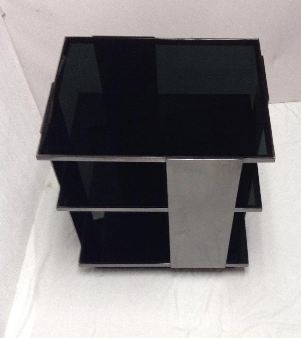 Milo Baughman Style 3-Tier Chrome & Black Glass End Tables - a Pair - 2