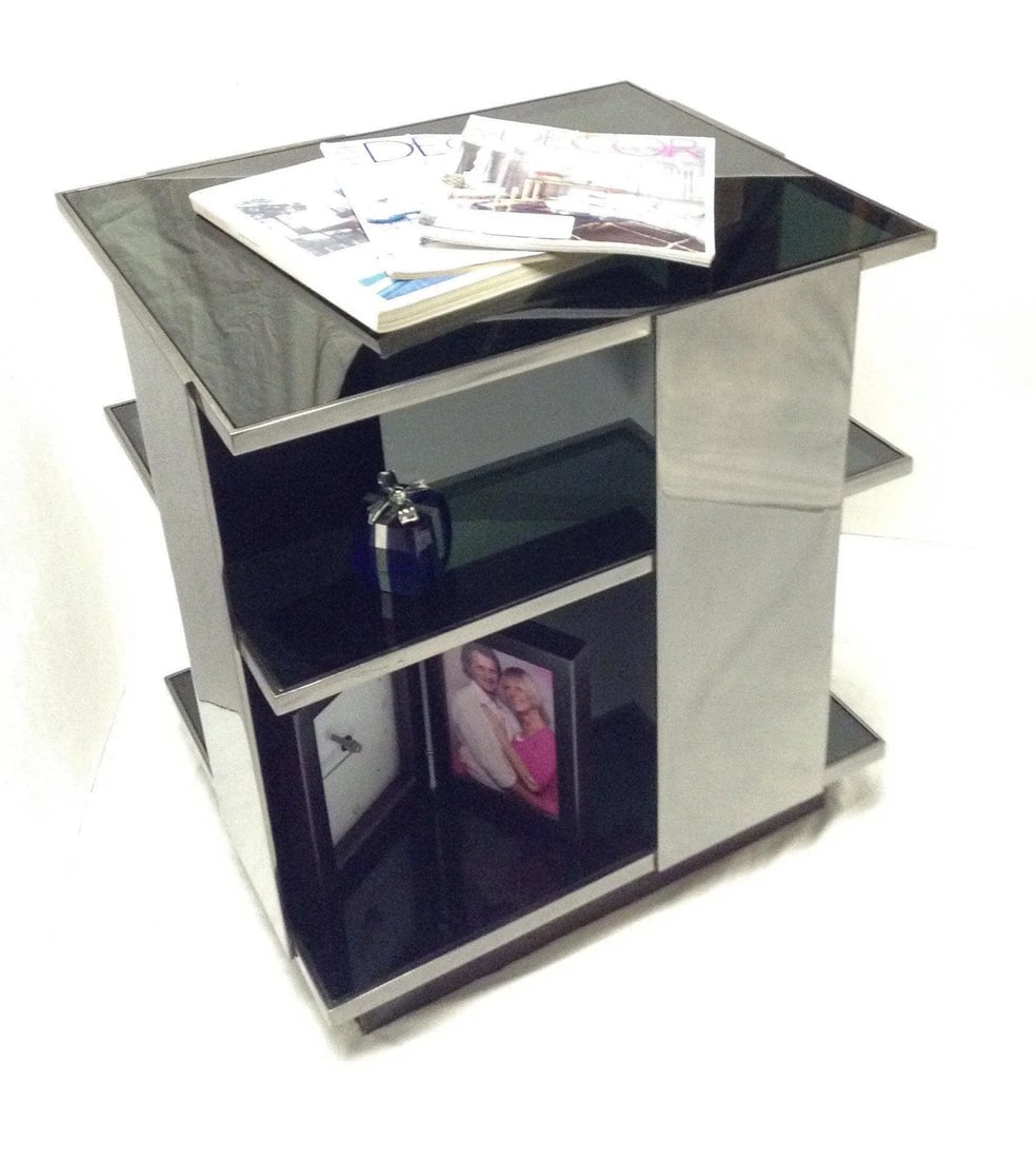 Milo Baughman Style 3-Tier Chrome & Black Glass End Tables - a Pair - 3