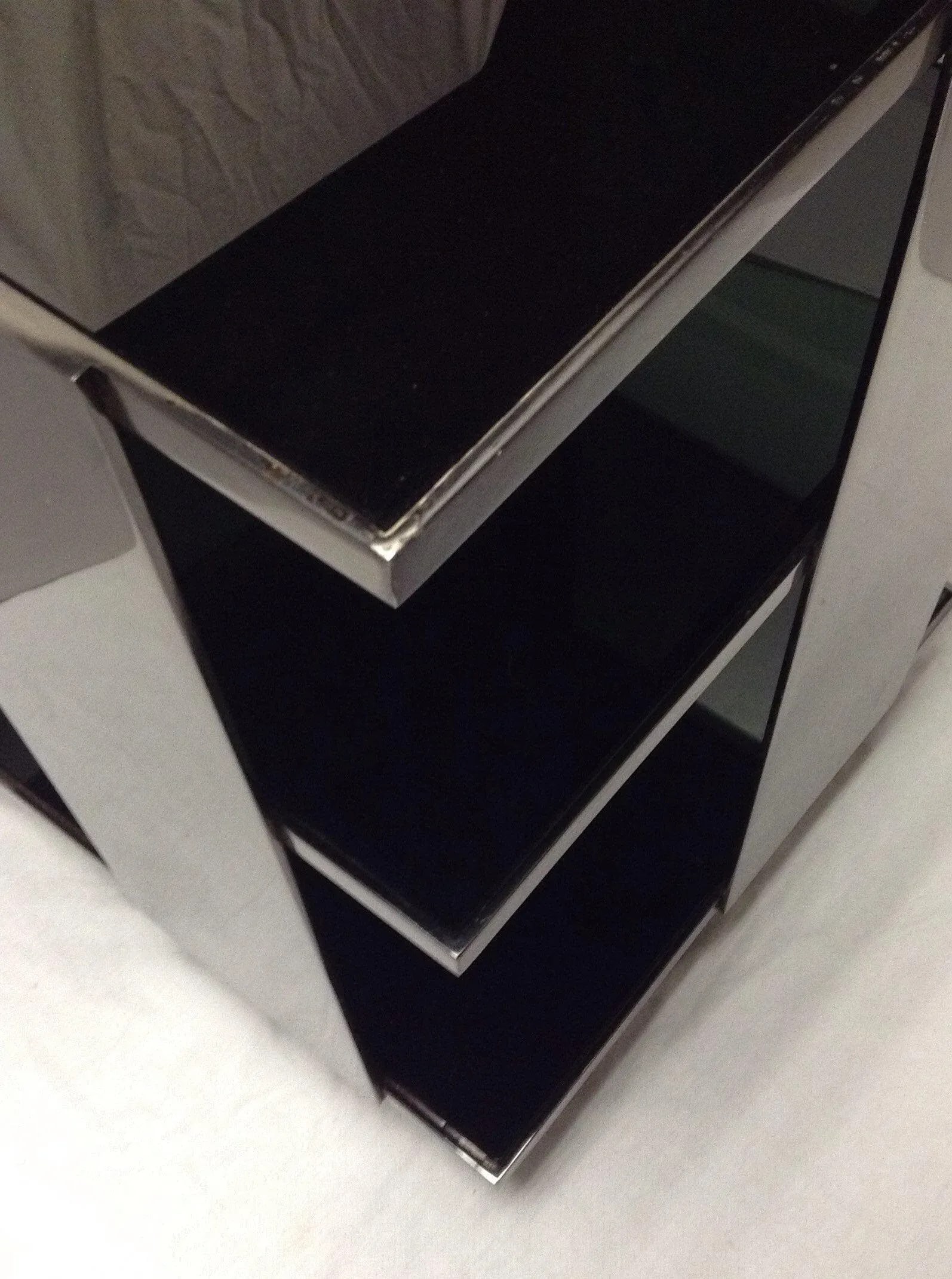 Milo Baughman Style 3-Tier Chrome & Black Glass End Tables - a Pair - 5